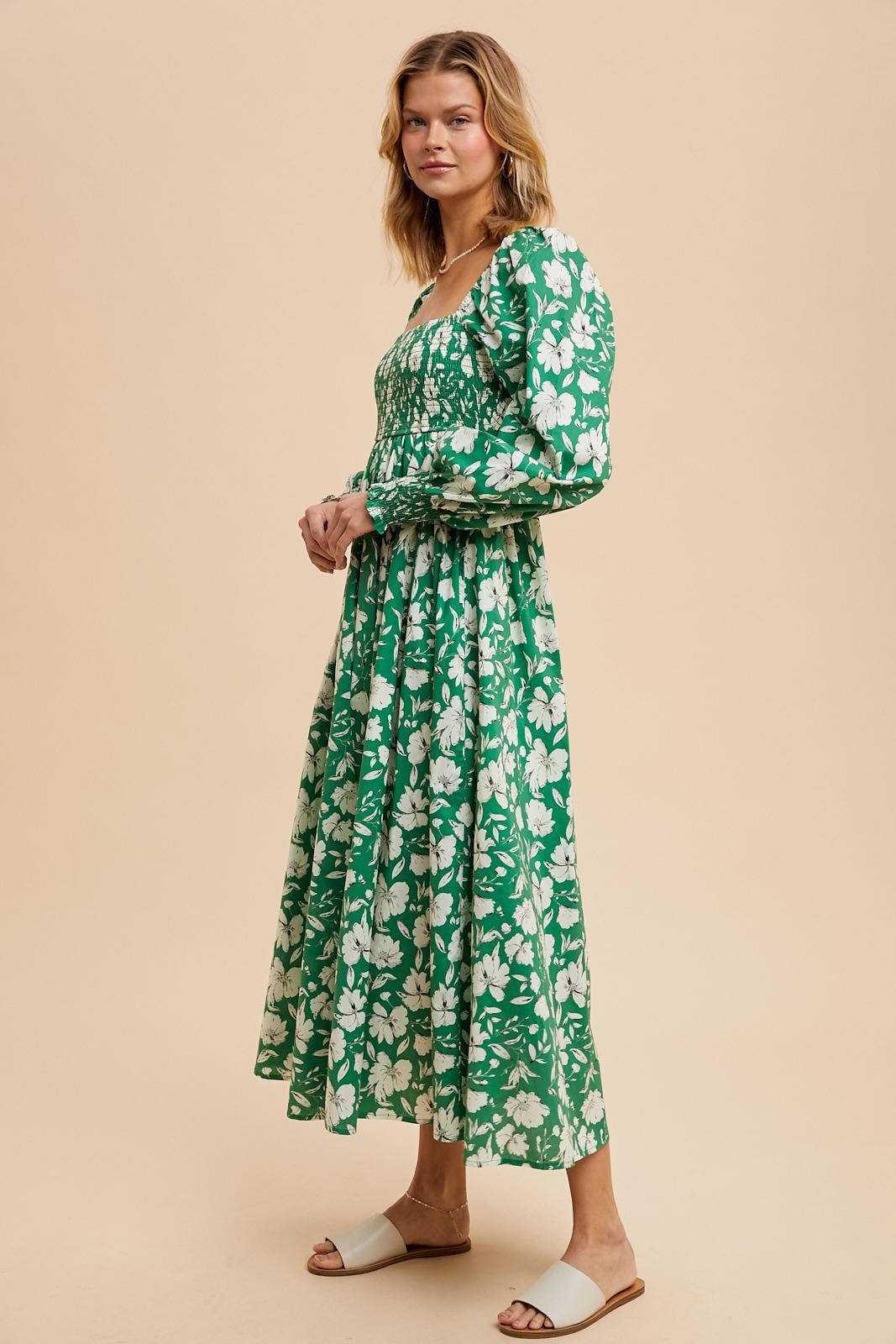 Green Smocked Cotton Floral Maxi Dress PinkBlush