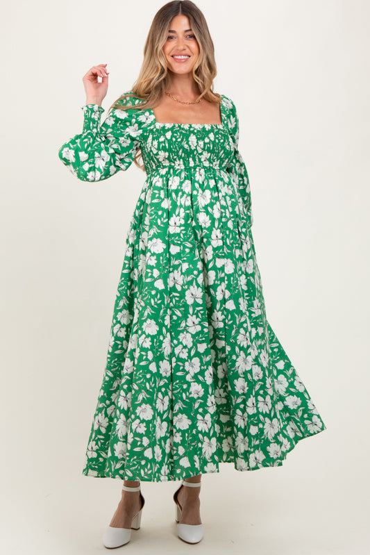 Green Smocked Cotton Floral Maternity Maxi Dress PinkBlush