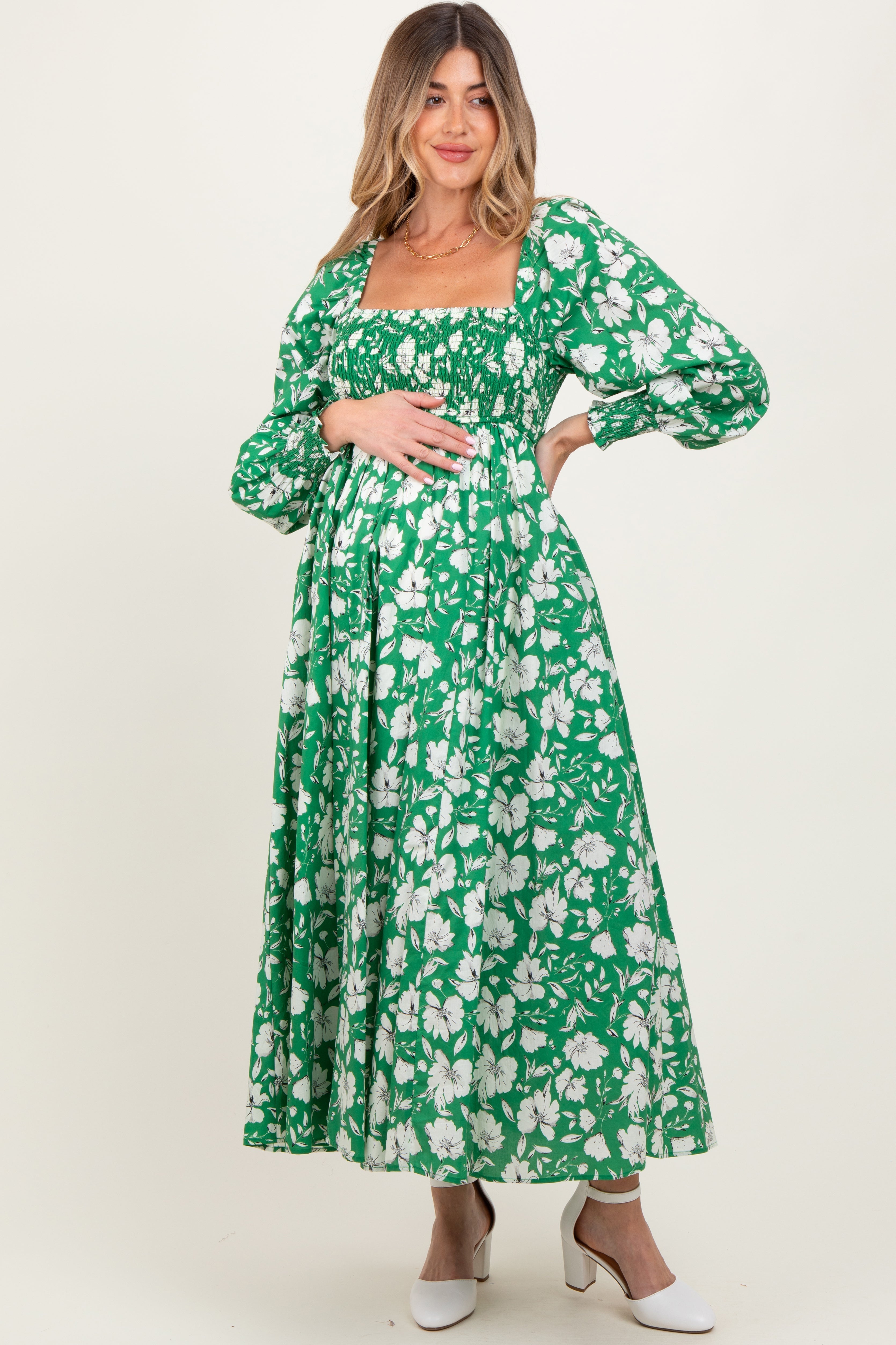 Green Smocked Cotton Floral Maternity Maxi Dress PinkBlush