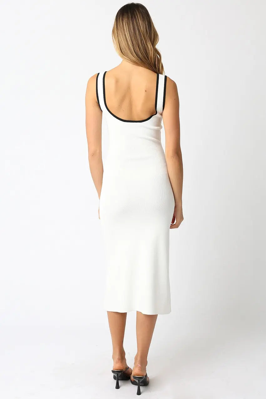 White Knit Midi Dress With Black Contrast Trim Square Neck PinkBlush