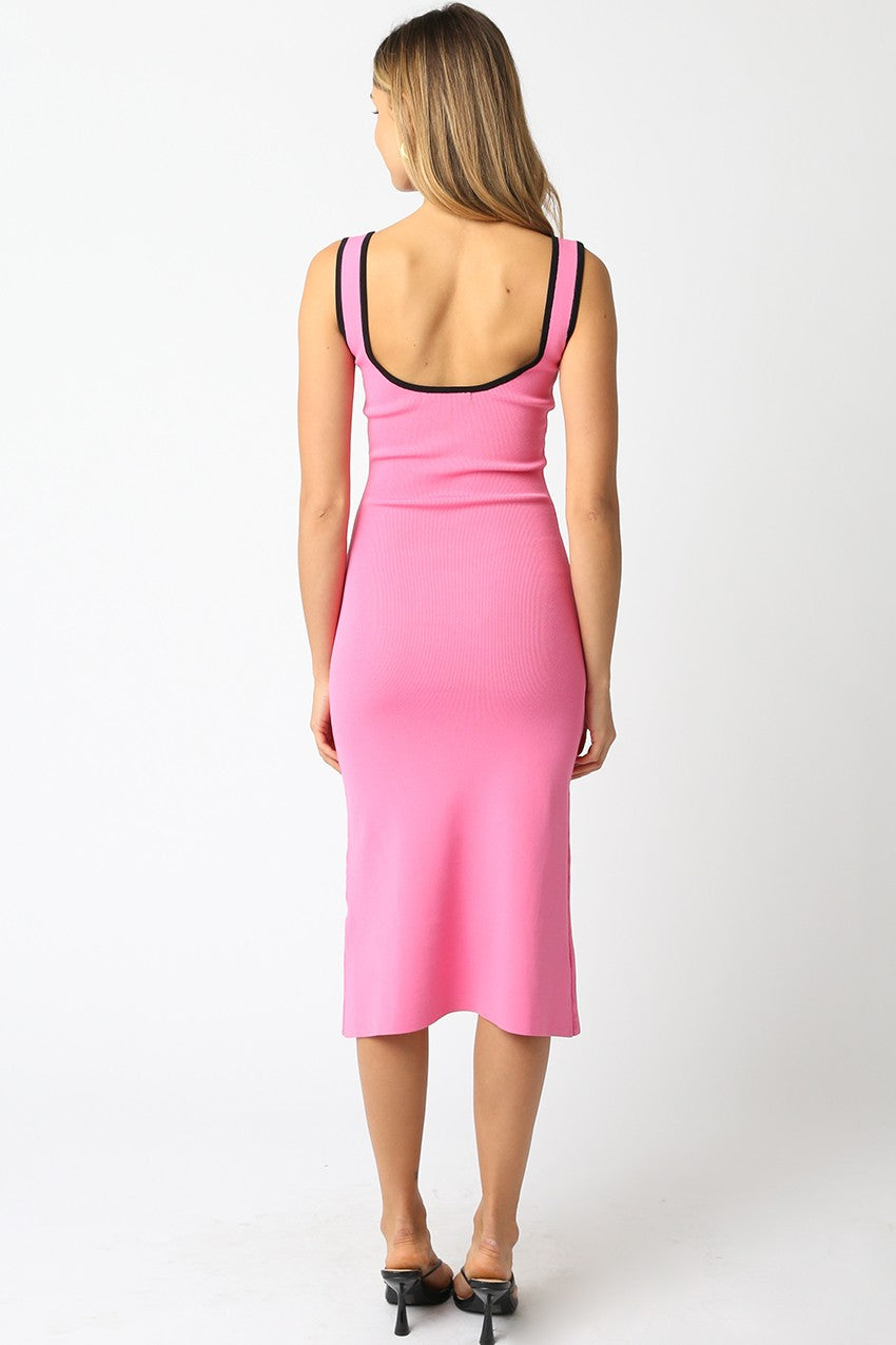 PinkBlush Pink Knit Contrast Trim Square Neck Midi Dress - Alternate Angle