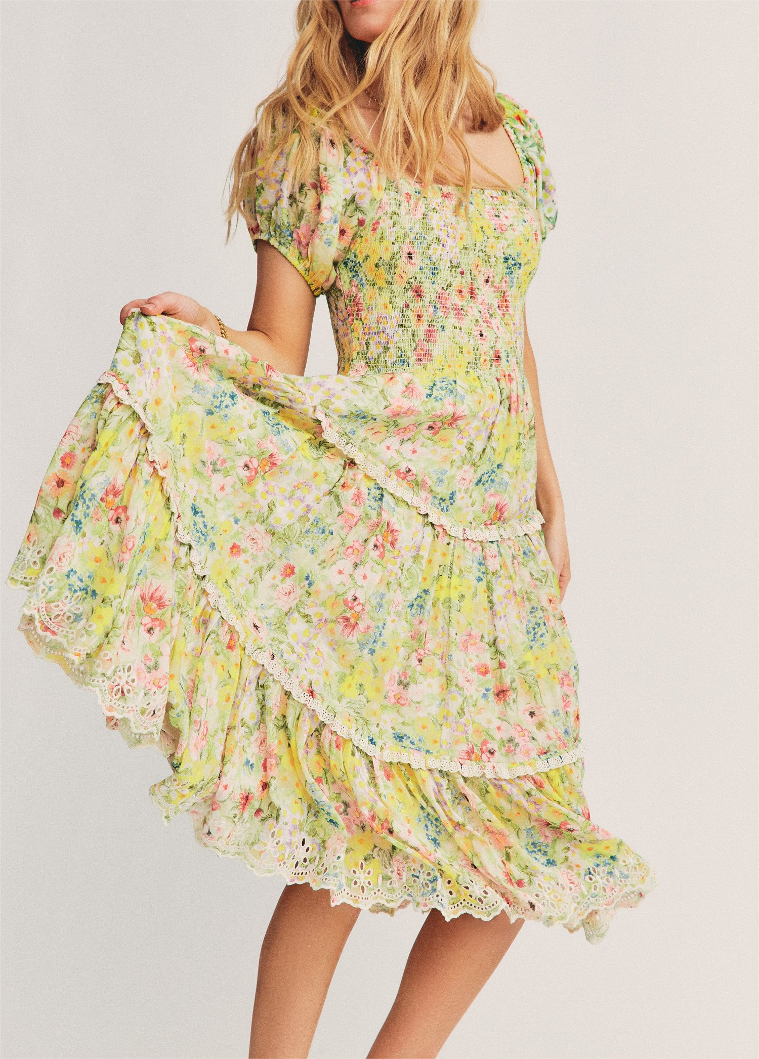 Summer Women Clothing Square Collar Short Sleeve High Waist Tied Stitching Floral Stringy Selvedge Dress Women Bella Mia