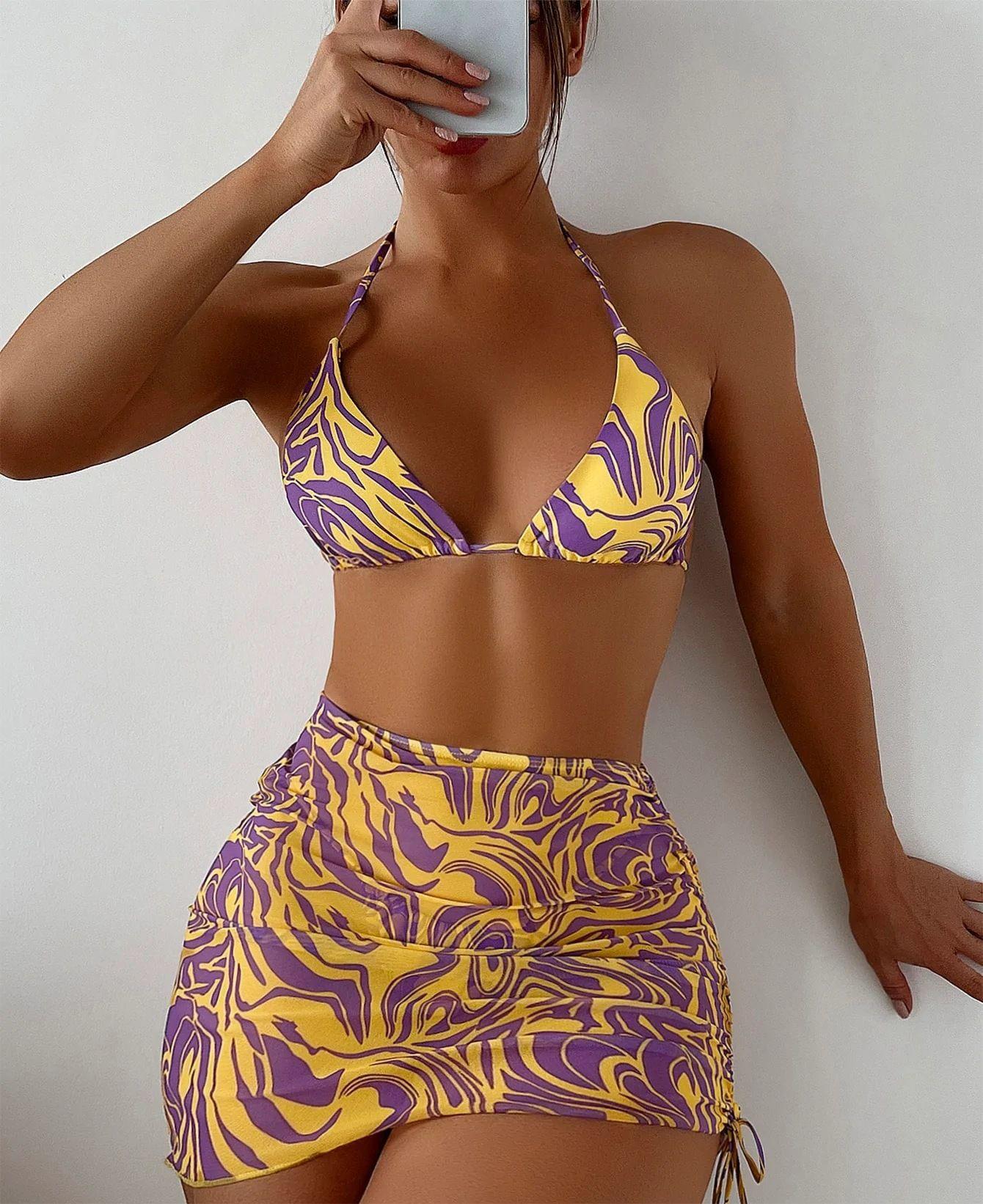 Swimwear Three Piece Summer Striped Printed Sexy Halter Bikini Short Swimsuit for Women Bella Mia