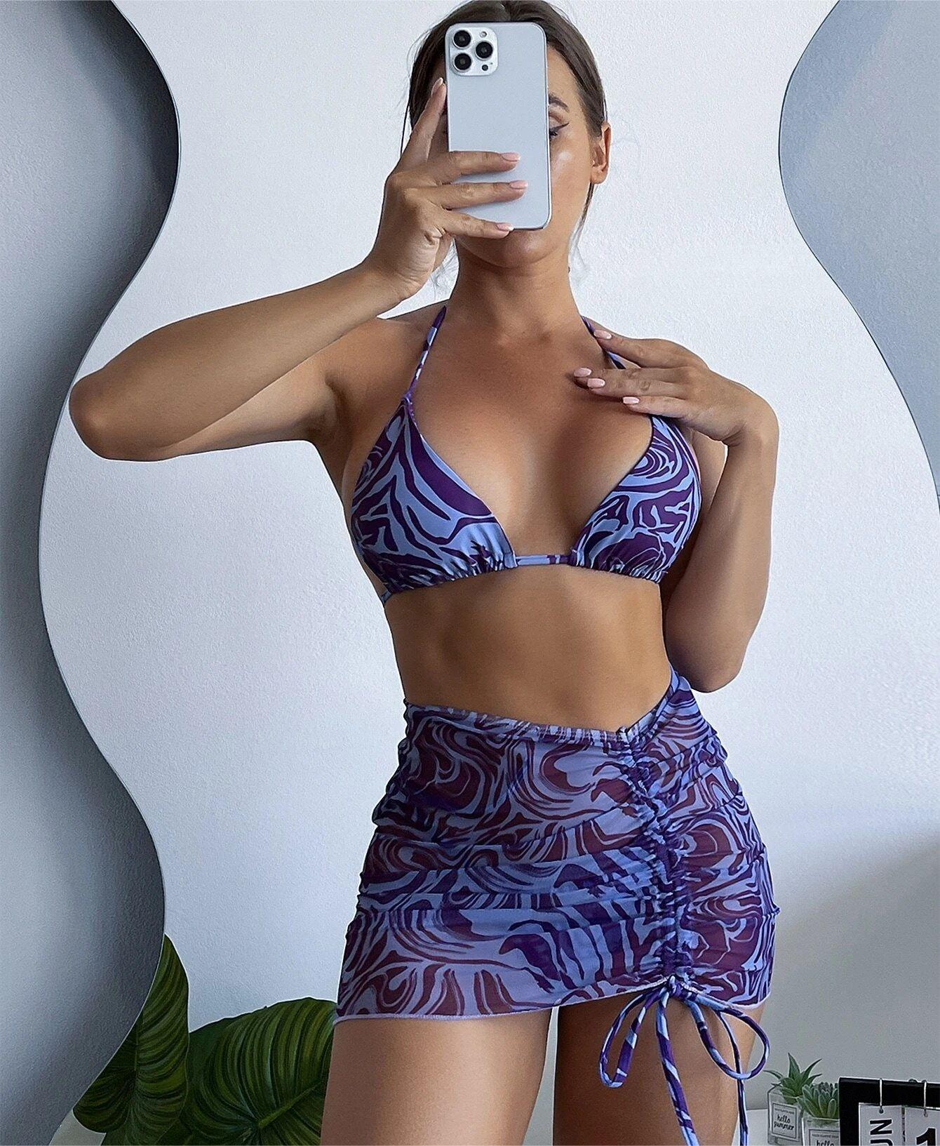 Swimwear Three Piece Summer Striped Printed Sexy Halter Bikini Short Swimsuit for Women Bella Mia