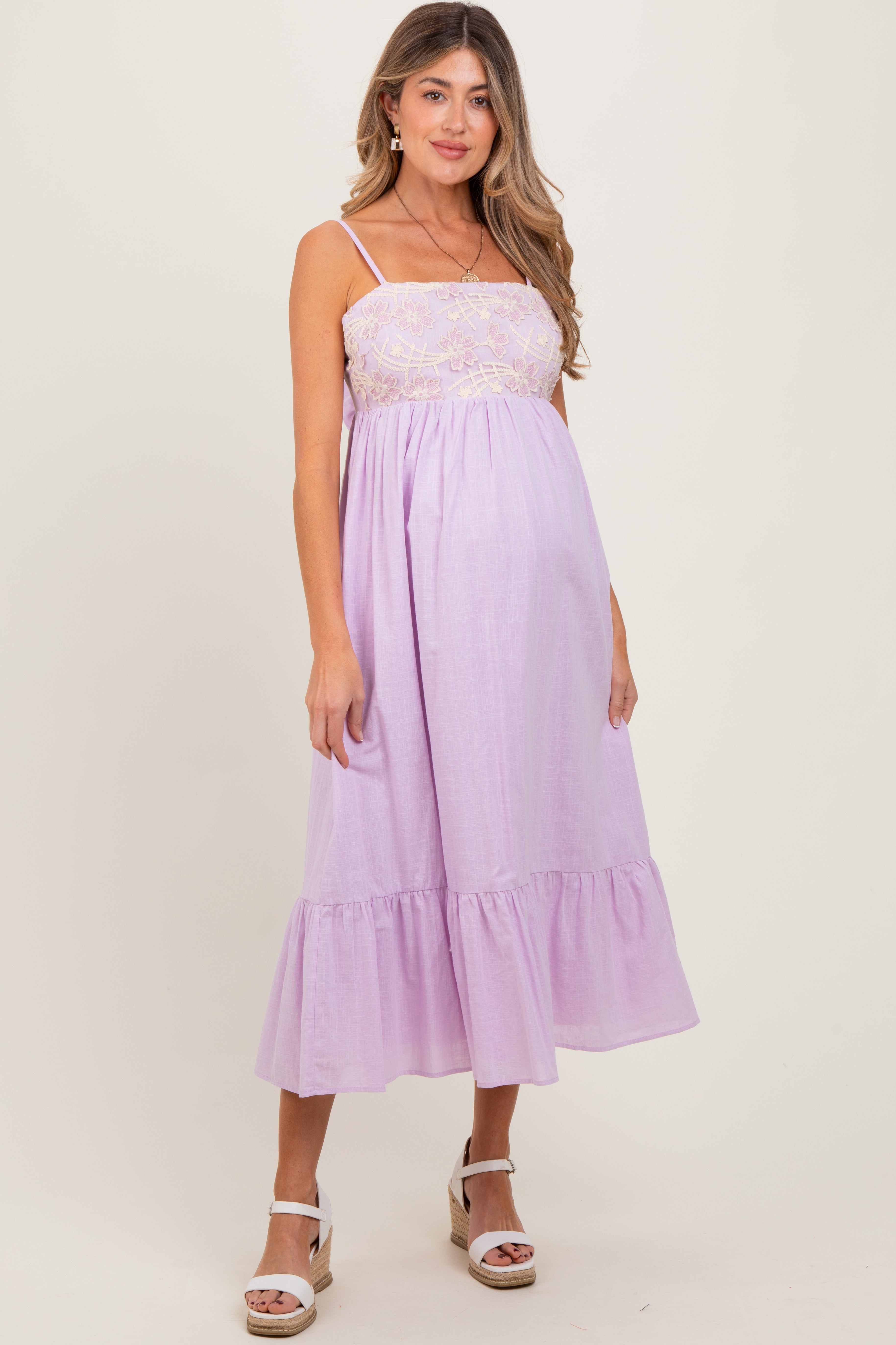 PinkBlush Lavender Floral Embroidery Back Ribbon Maternity Midi Dress - Main Product Image