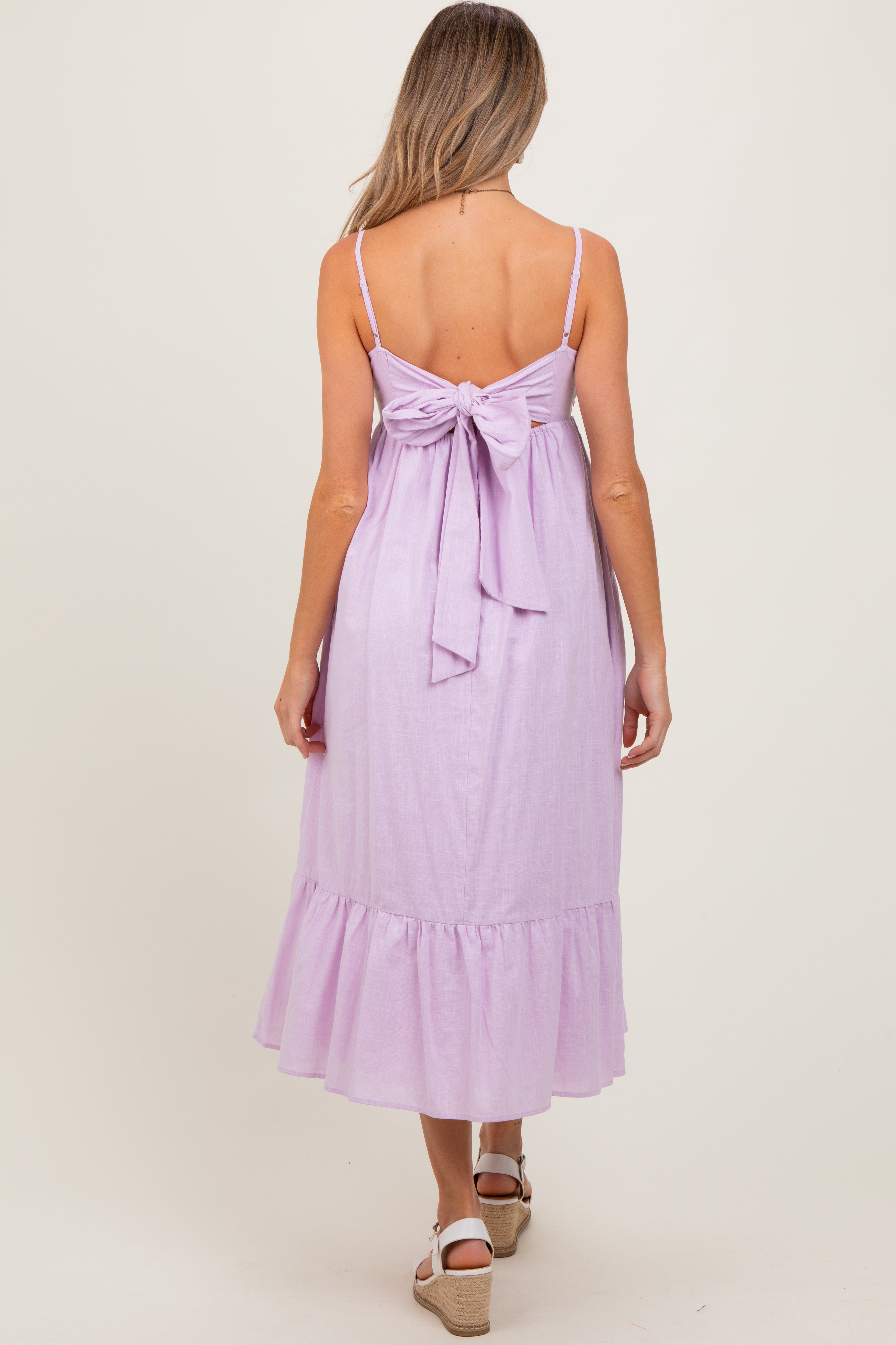 PinkBlush Lavender Floral Embroidery Back Ribbon Maternity Midi Dress - Detail View