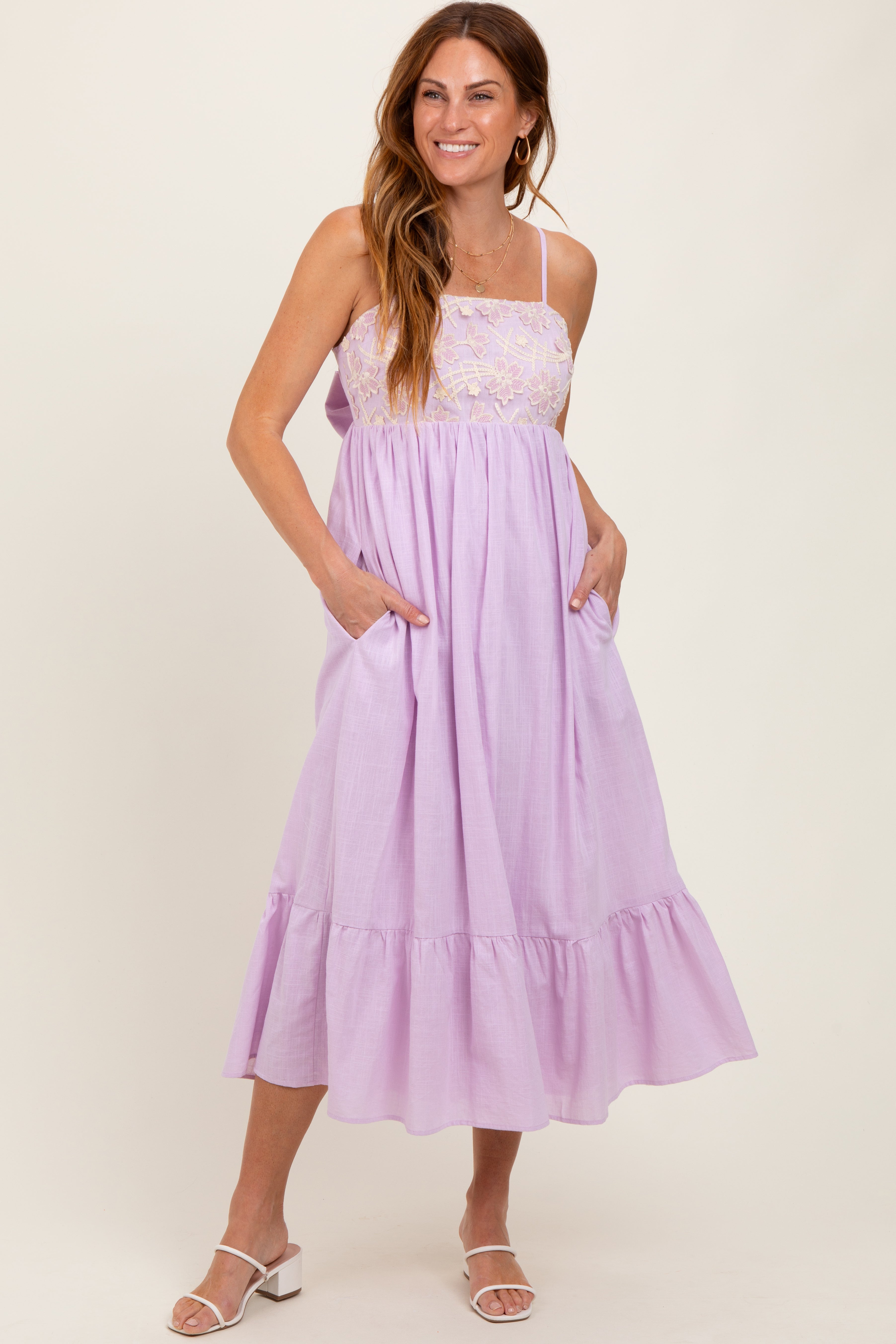 PinkBlush Lavender Floral Embroidery Back Ribbon Maternity Midi Dress - Close Up