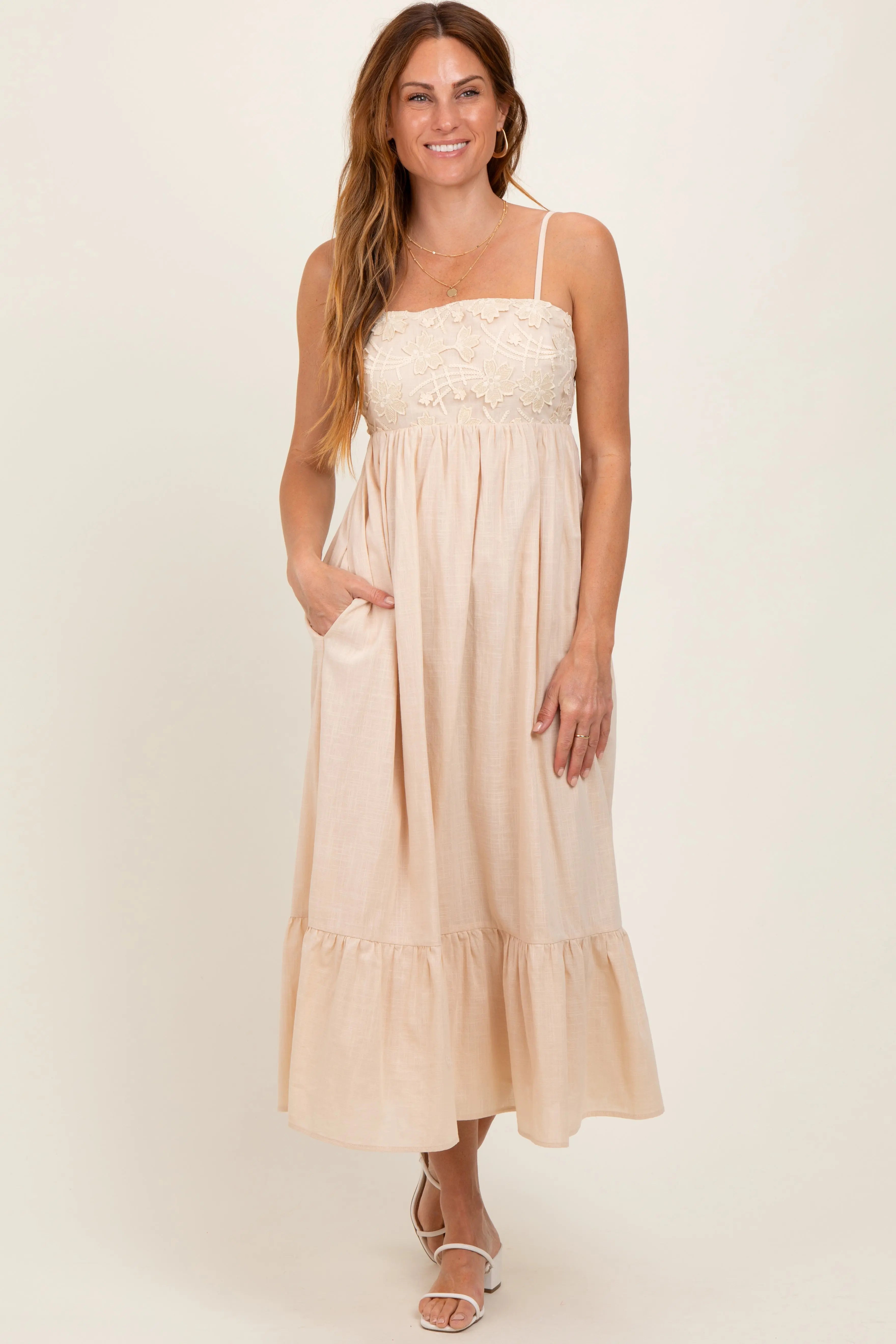 Beige Floral Embroidery Back Ribbon Maternity Midi Dress PinkBlush