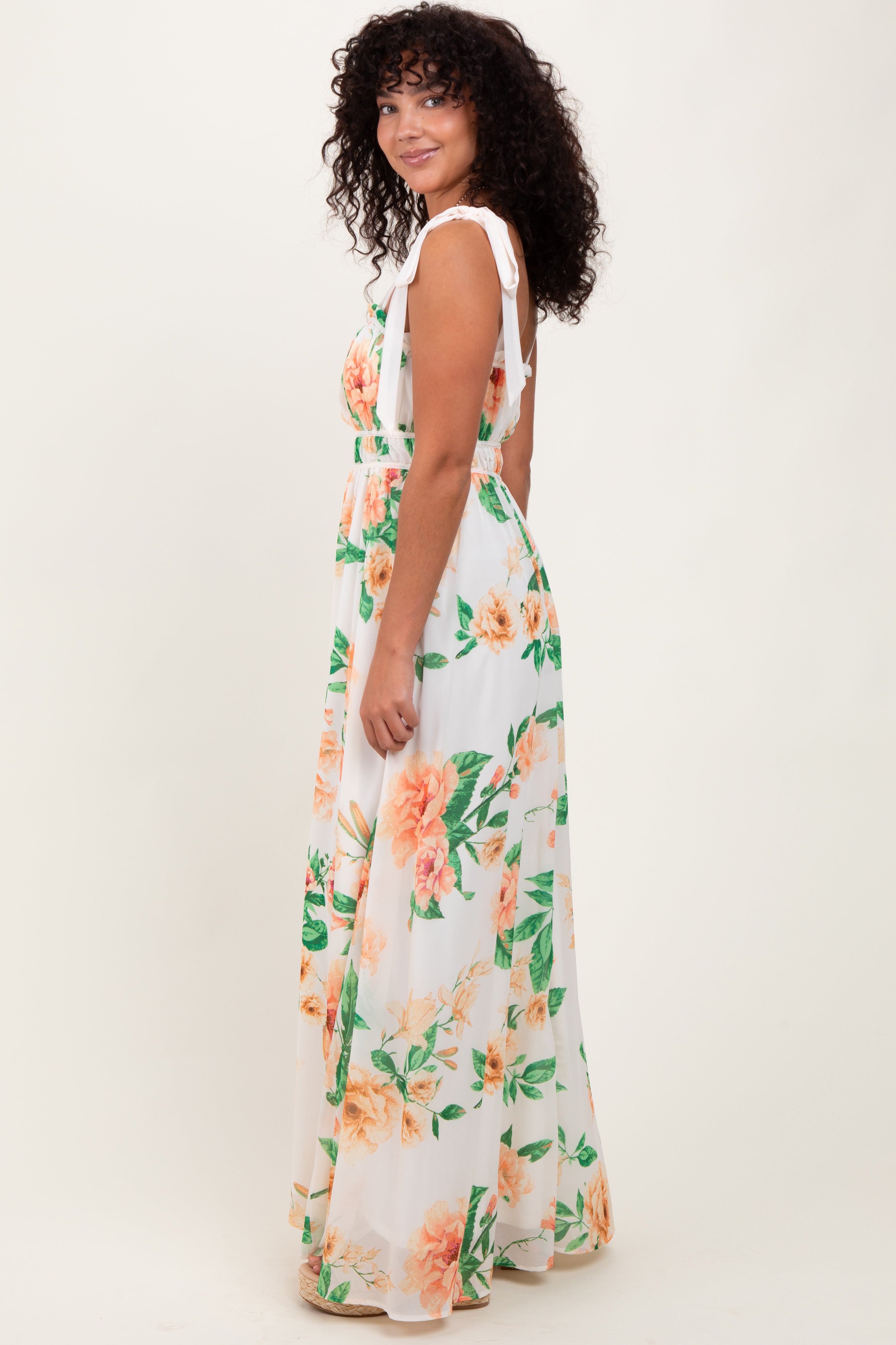 Peach Tropical Floral Shoulder Tie Maxi Dress PinkBlush