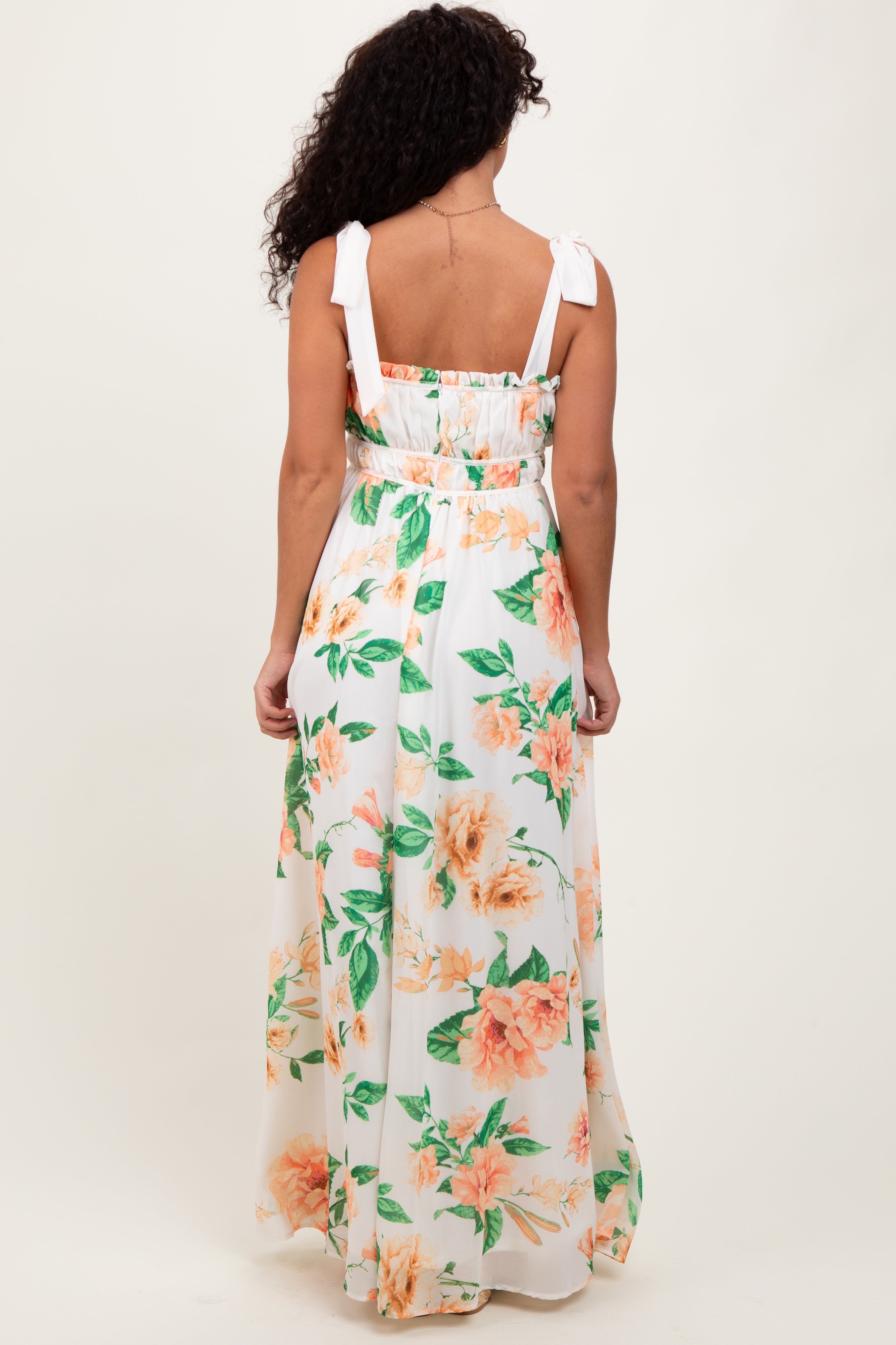 Peach Tropical Floral Shoulder Tie Maxi Dress PinkBlush