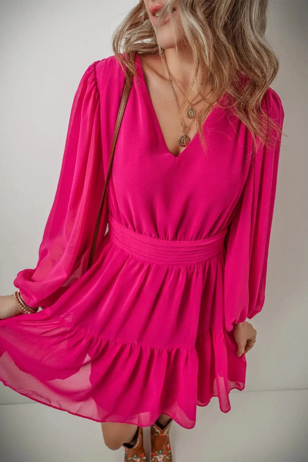 Ruffled Sheer V-Neck Dress with Opaque Stretch Comfort