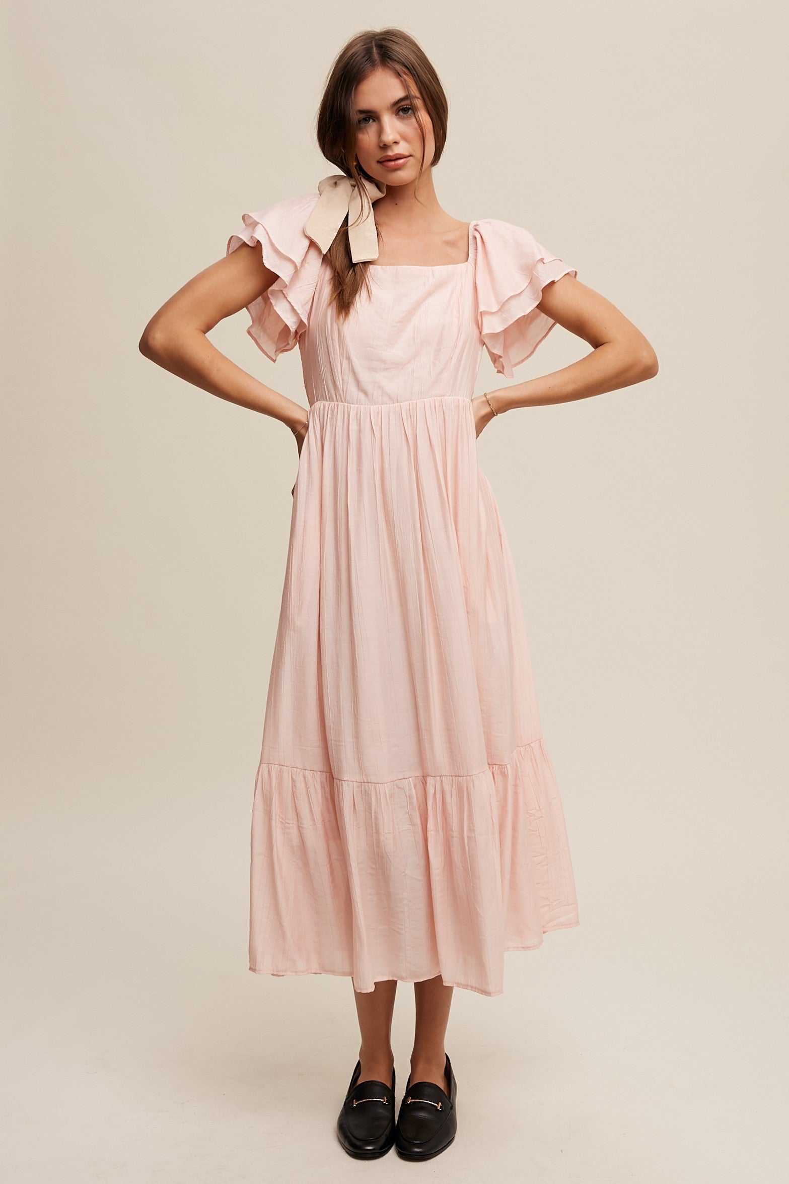 Light Pink Flutter Sleeve Maternity Midi Dress PinkBlush