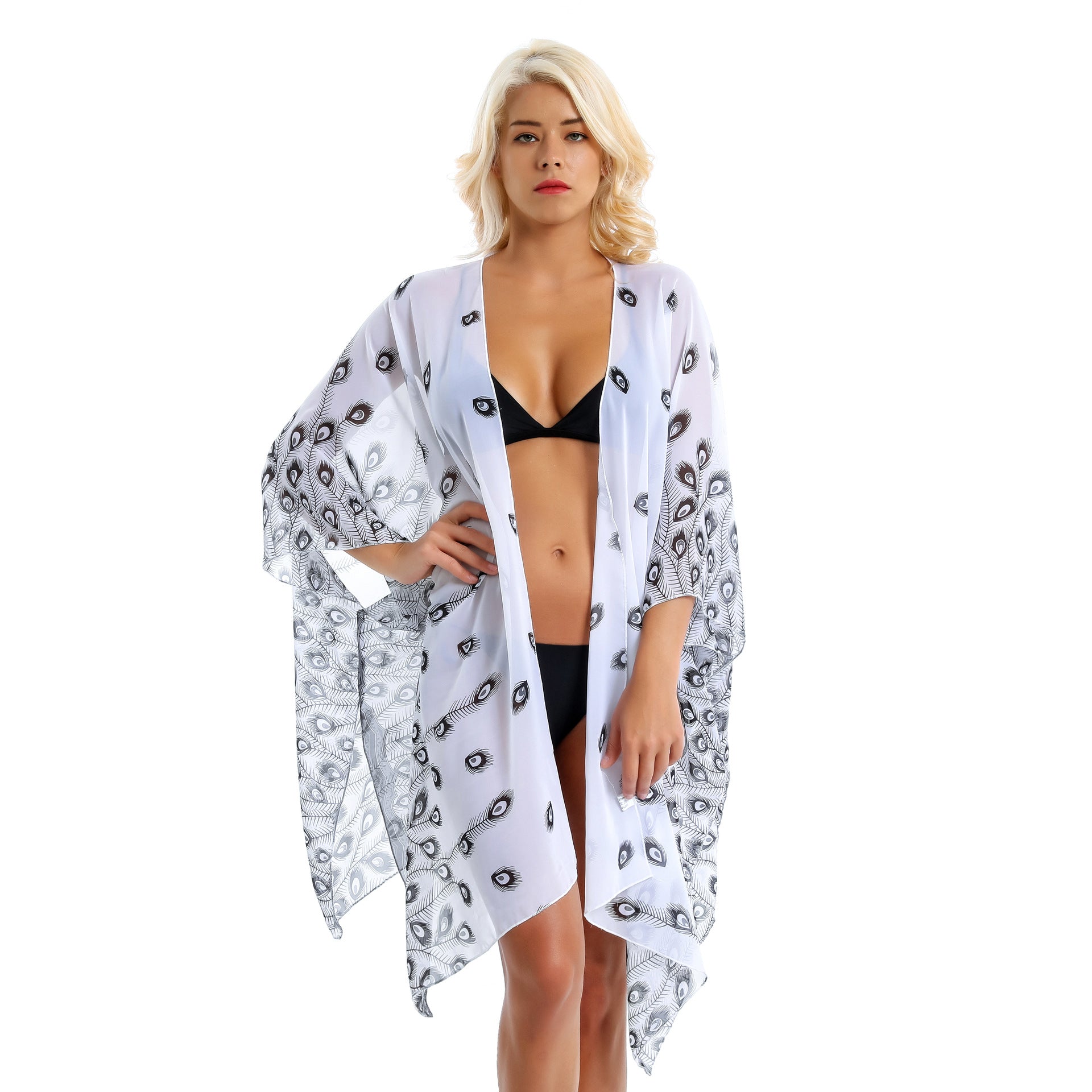 Feather Pattern Beach Cover Up Sun Protection Cardigan Beach Vacation Swimsuit Coat Bella Mia