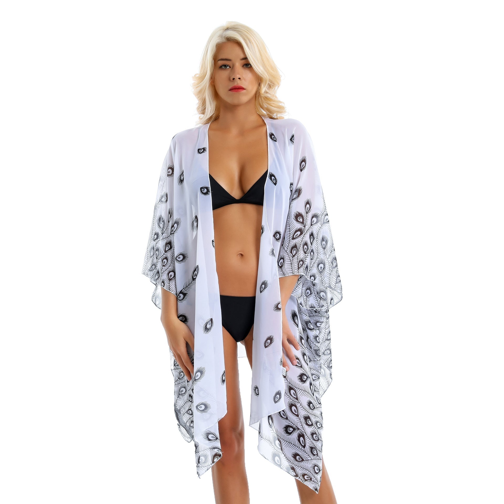 Feather Pattern Beach Cover Up Sun Protection Cardigan Beach Vacation Swimsuit Coat Bella Mia