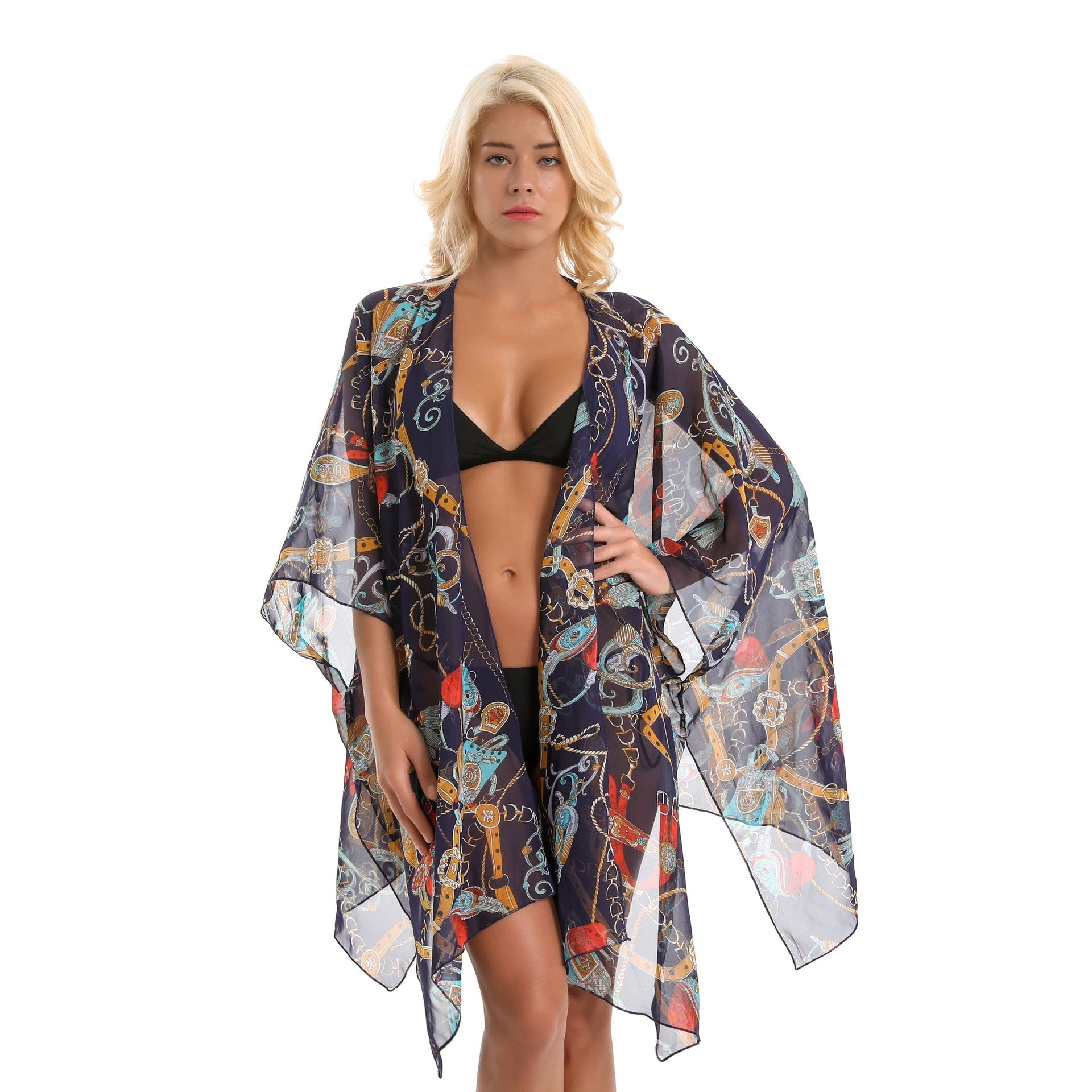 Summer Trendy Geometric Abstract Printed Chiffon Swimsuit Blouse Sunscreen Light Bikini Cardigan Bella Mia