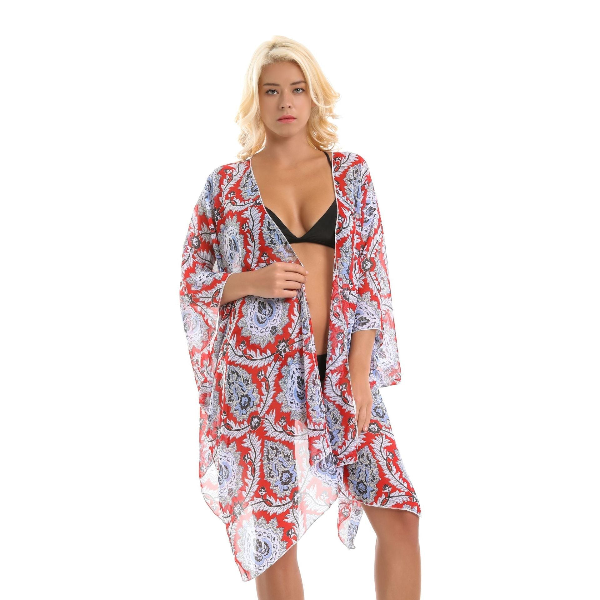 Platform Ethnic Rattan Floral Print Chiffon Sun Protection Cardigan Swimsuit Blouse Bella Mia