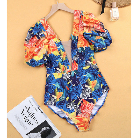 Puff Short Sleeve One Piece Swimsuit Women Printed Mesh Stitching Swimsuit Bella Mia