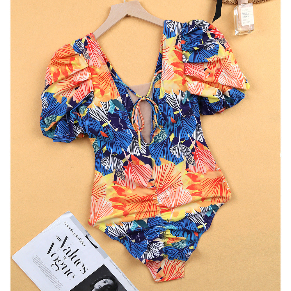 Puff Short Sleeve One Piece Swimsuit Women Printed Mesh Stitching Swimsuit Bella Mia