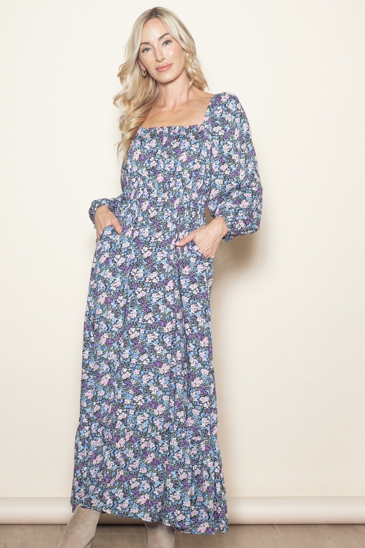 Blue Floral Reversible Long Sleeve Maxi Dress PinkBlush