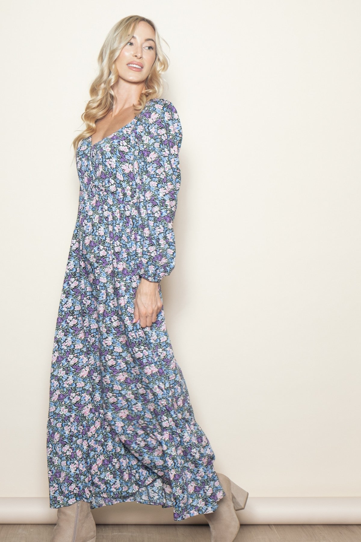 Blue Floral Reversible Long Sleeve Maxi Dress PinkBlush