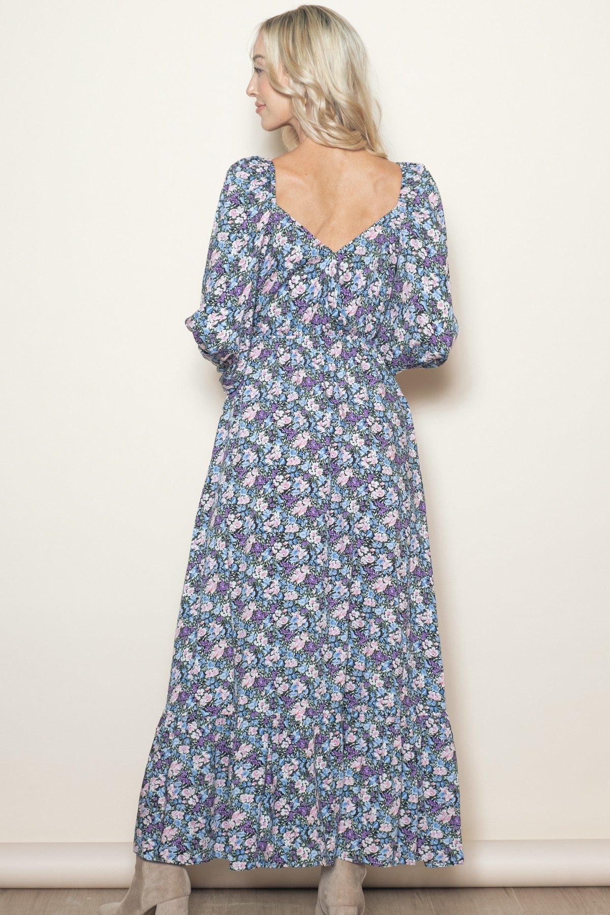 Blue Floral Reversible Long Sleeve Maxi Dress PinkBlush