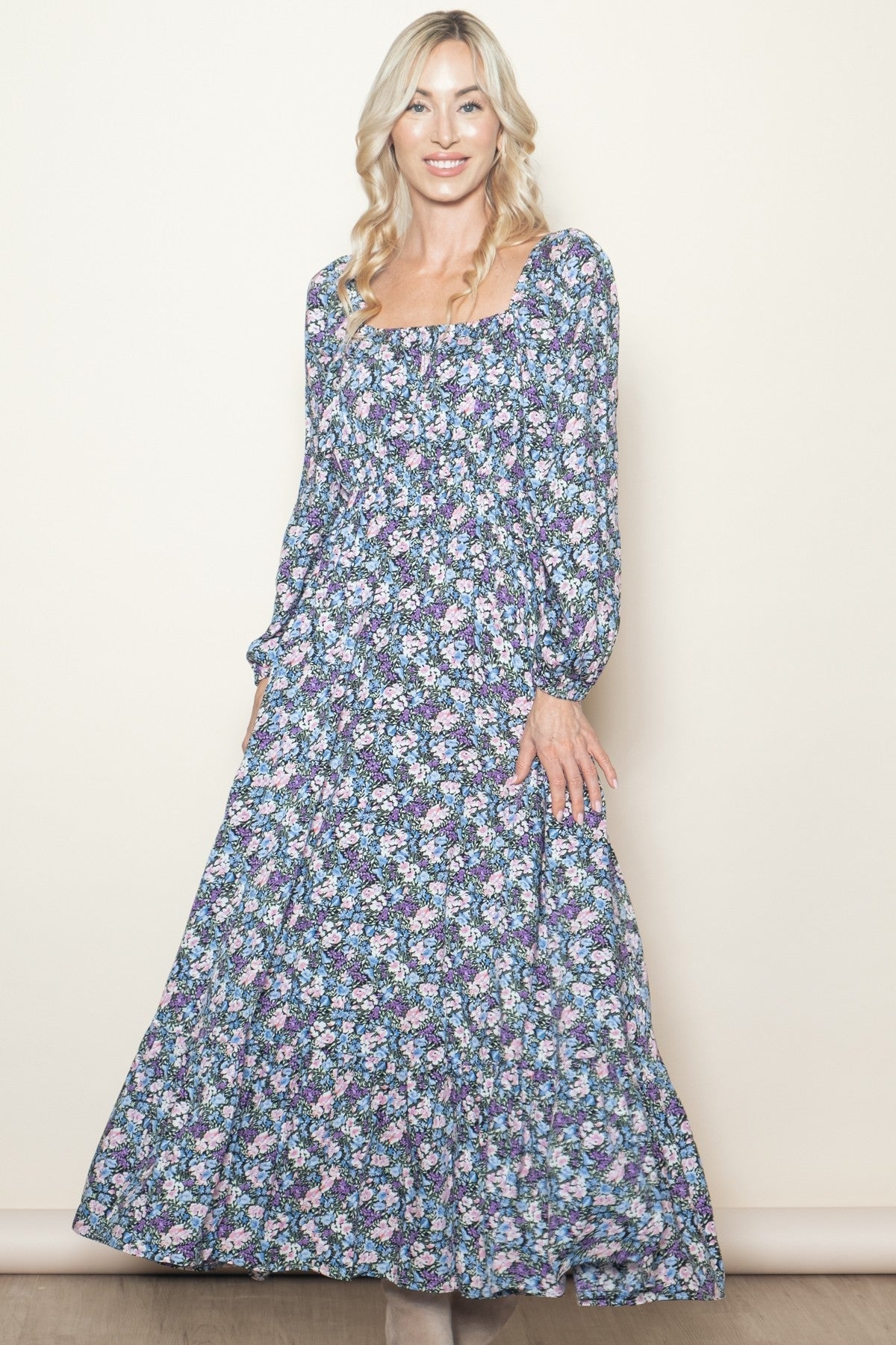 Blue Floral Reversible Long Sleeve Maxi Dress PinkBlush