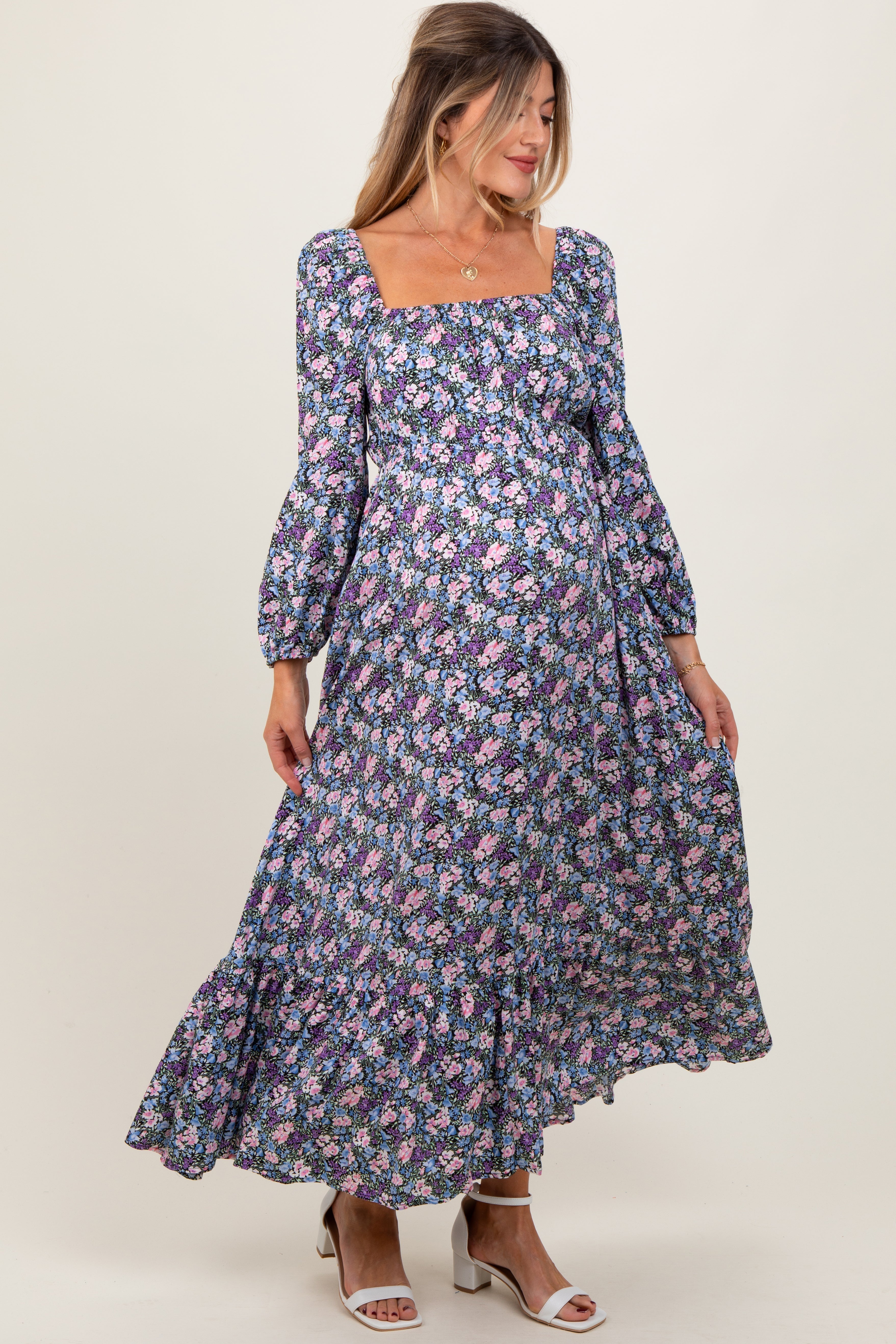 Blue Floral Reversible Long Sleeve Maternity Maxi Dress PinkBlush