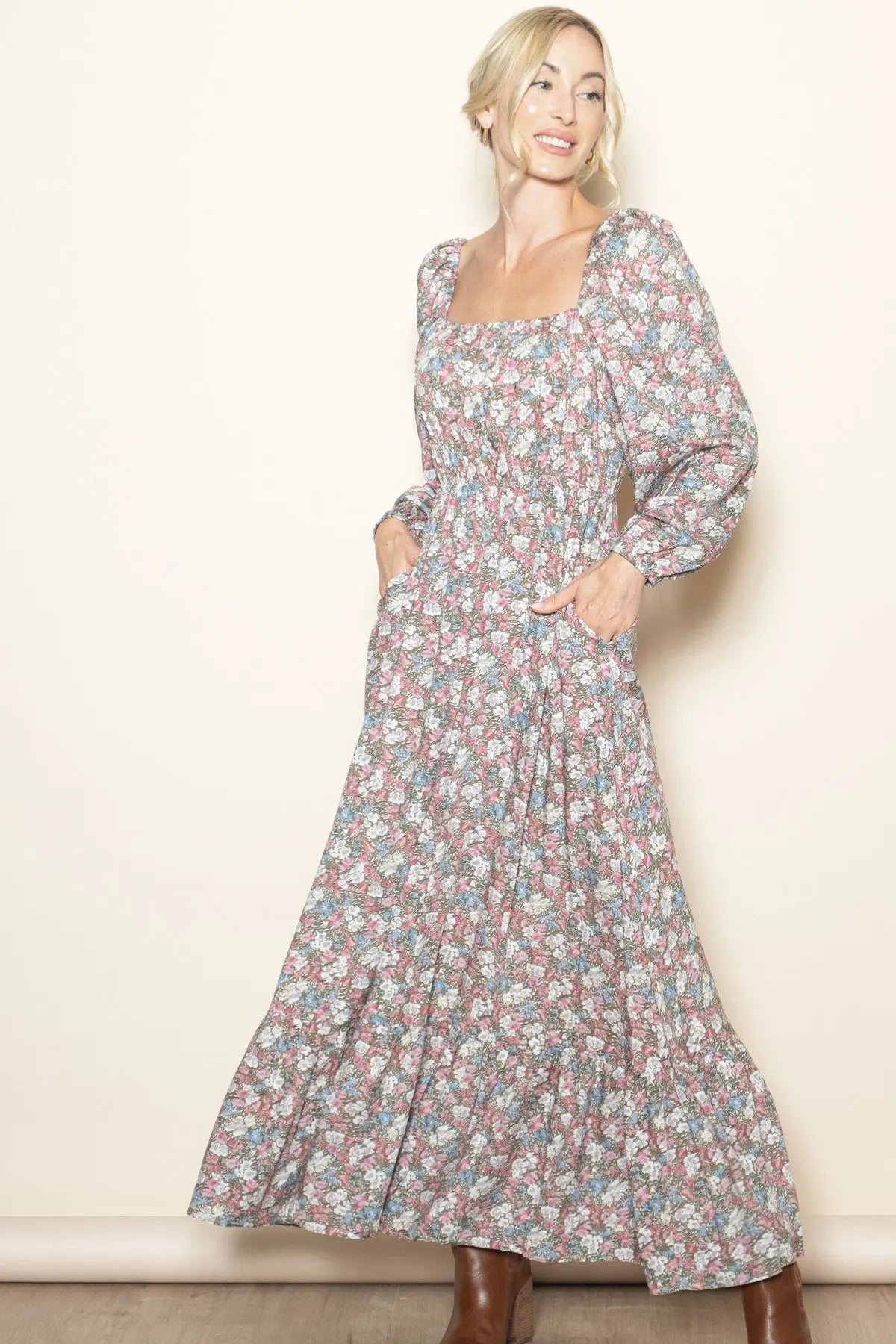 Pink Floral Reversible Long Sleeve Maxi Dress PinkBlush