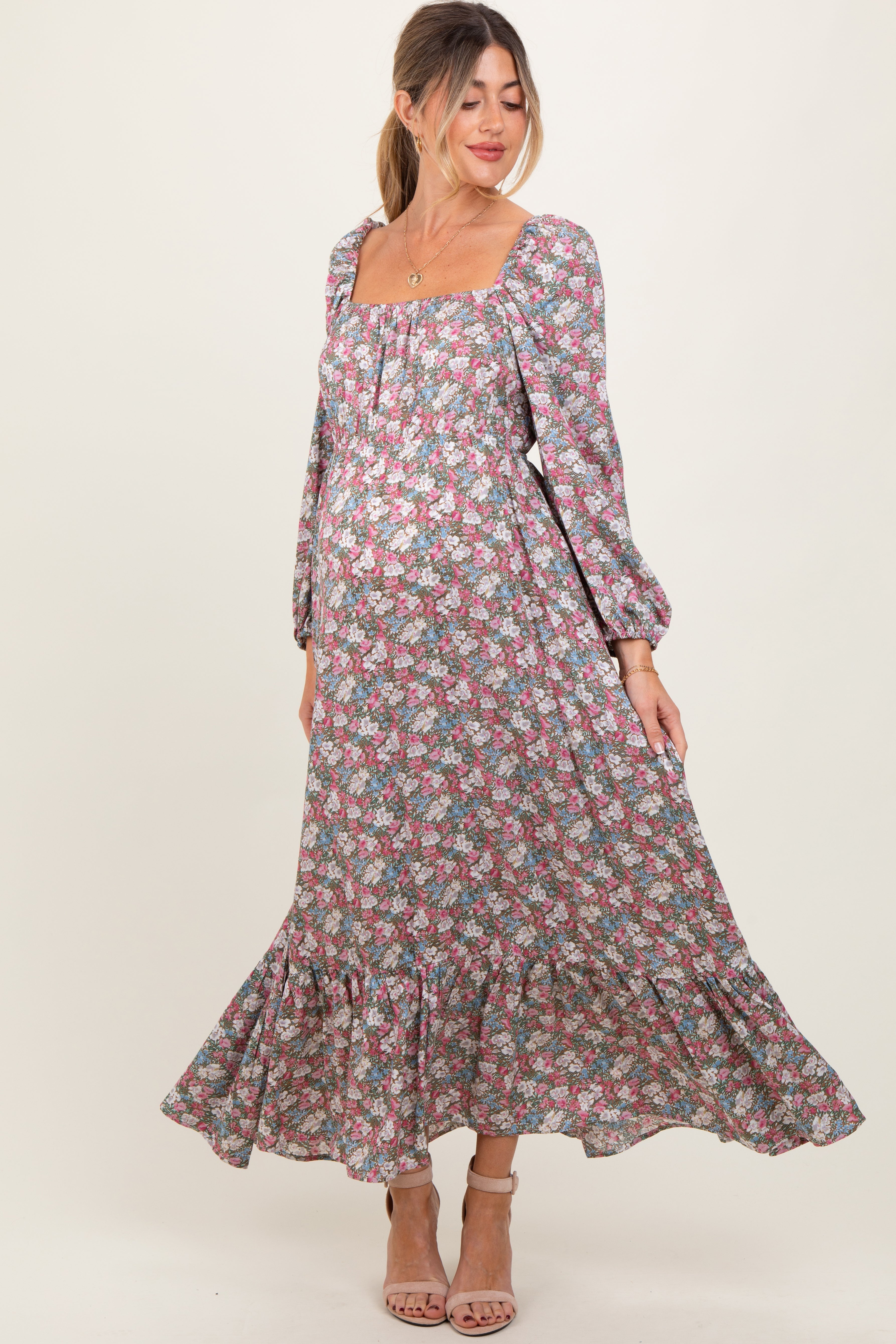 Pink Floral Reversible Long Sleeve Maternity Maxi Dress PinkBlush