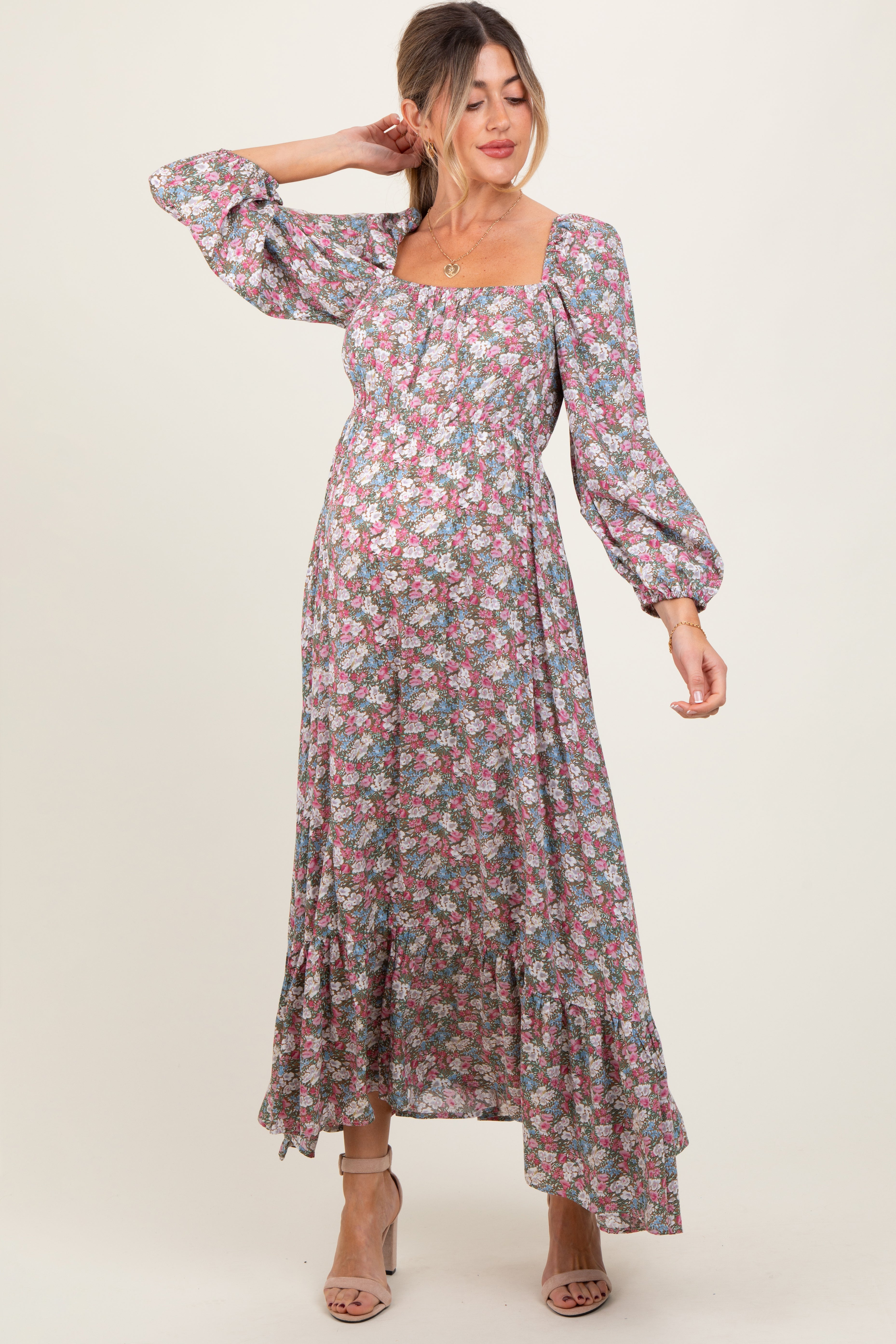 Pink Floral Reversible Long Sleeve Maternity Maxi Dress PinkBlush
