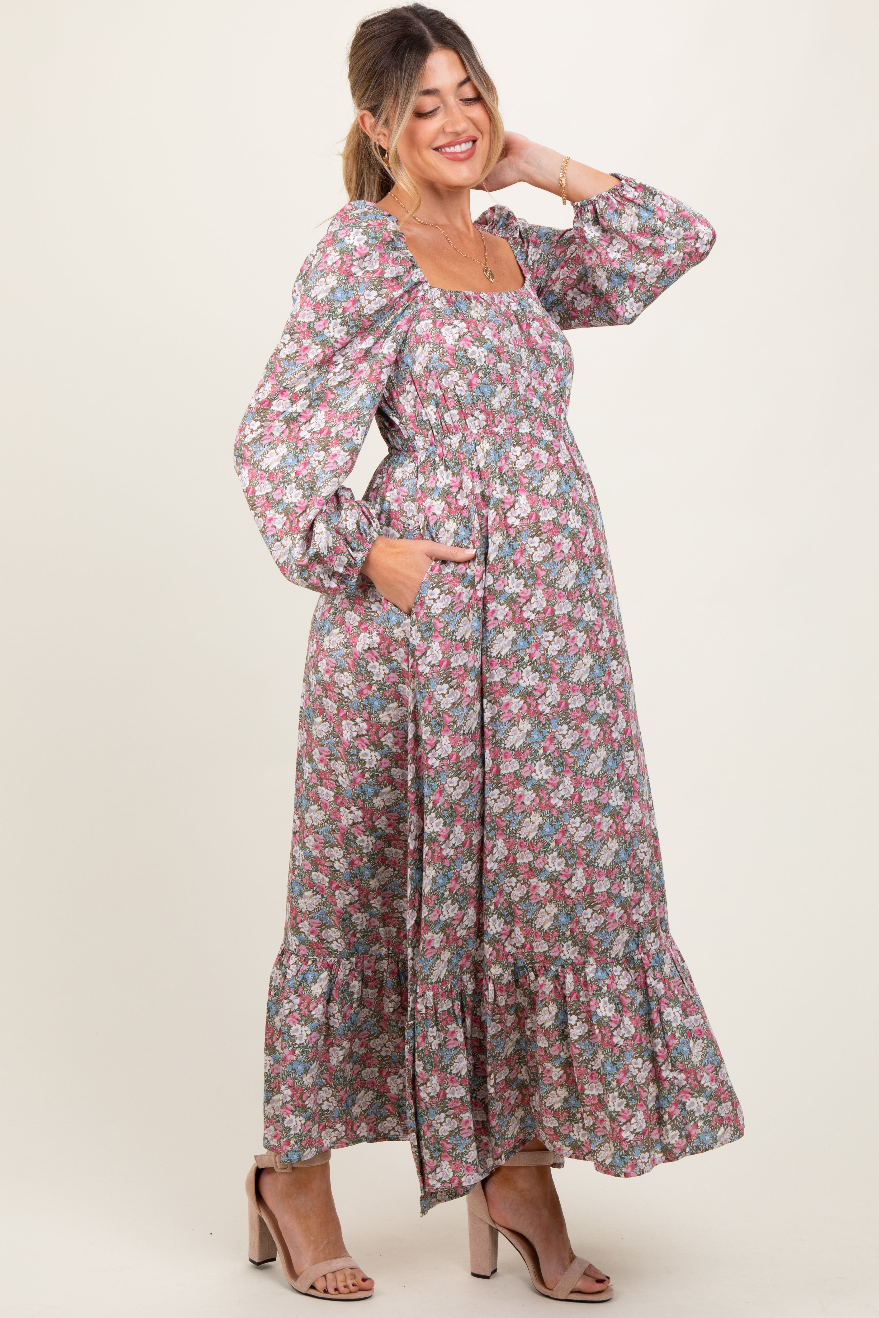 Pink Floral Reversible Long Sleeve Maternity Maxi Dress PinkBlush