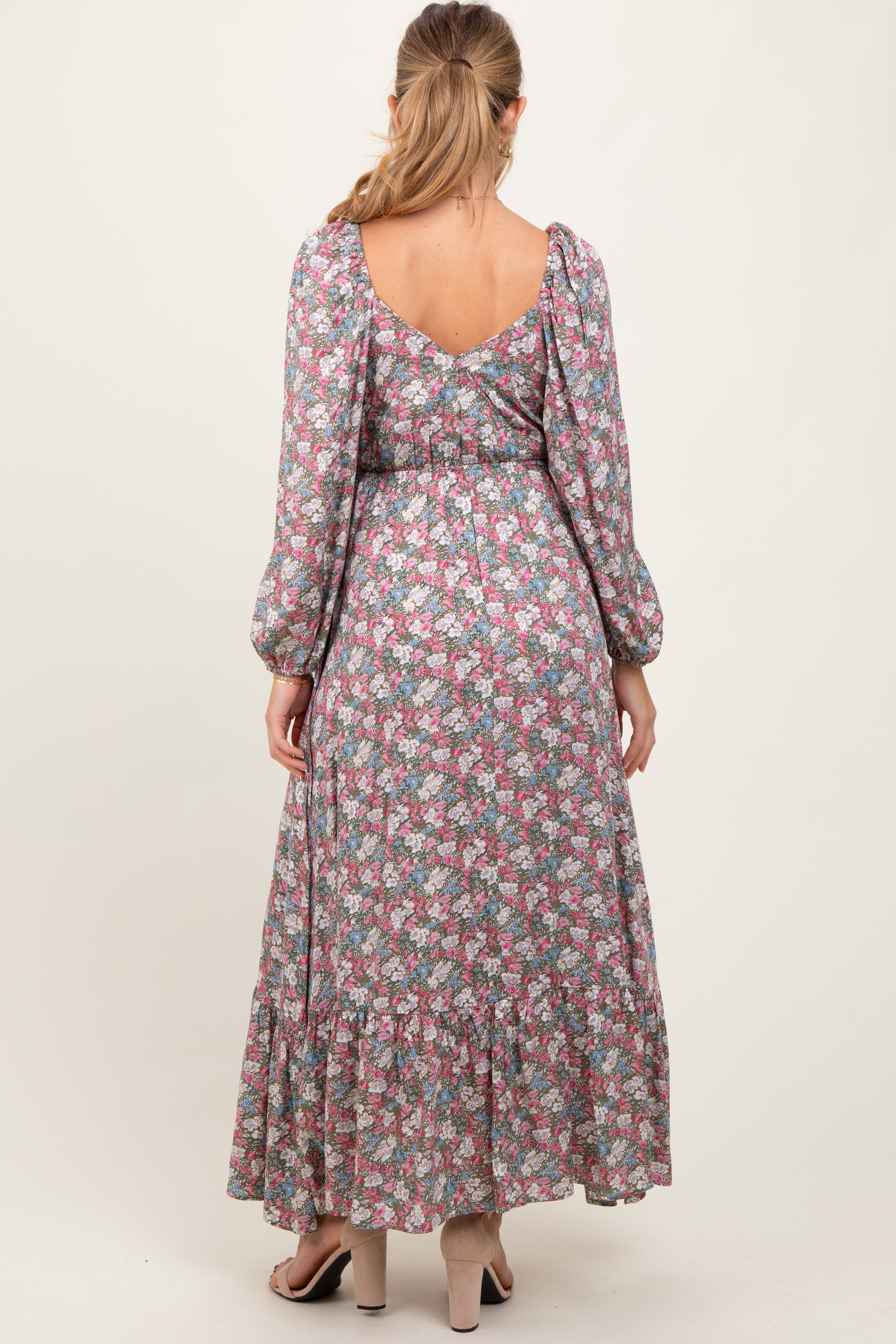 Pink Floral Reversible Long Sleeve Maternity Maxi Dress PinkBlush