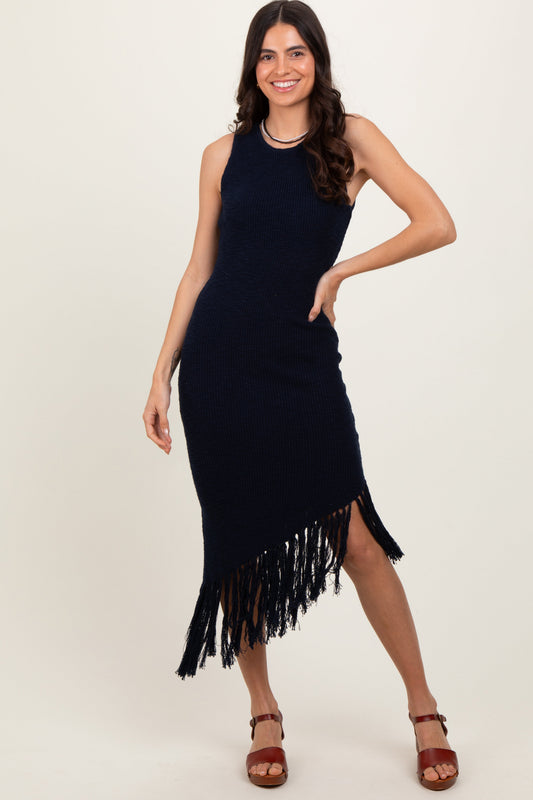 PinkBlush Navy Ribbed Knit Fringe Asymmetrical Hem Dress - Main Product Image