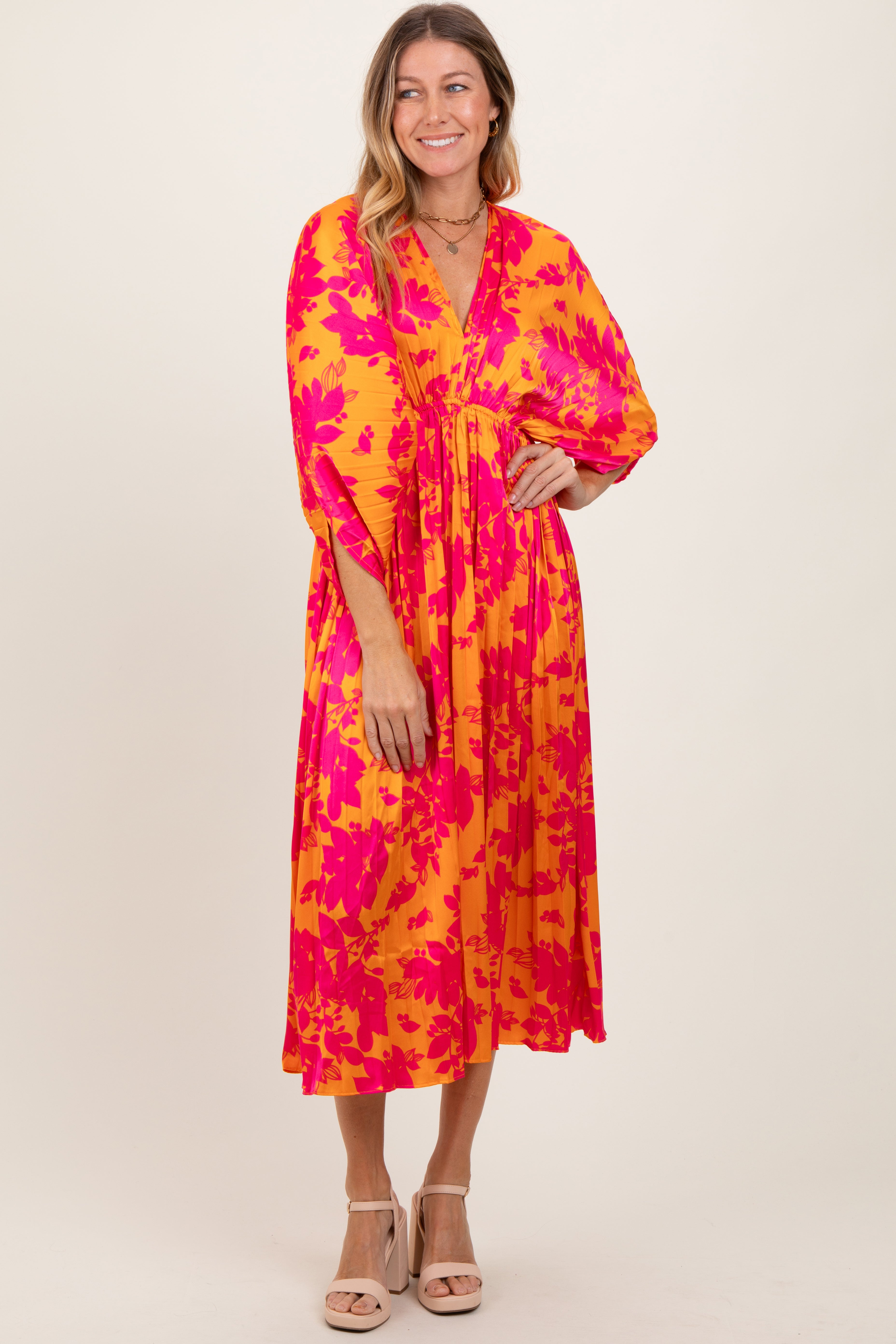 Orange Floral Satin Pleated V-Neck Maxi Dress PinkBlush