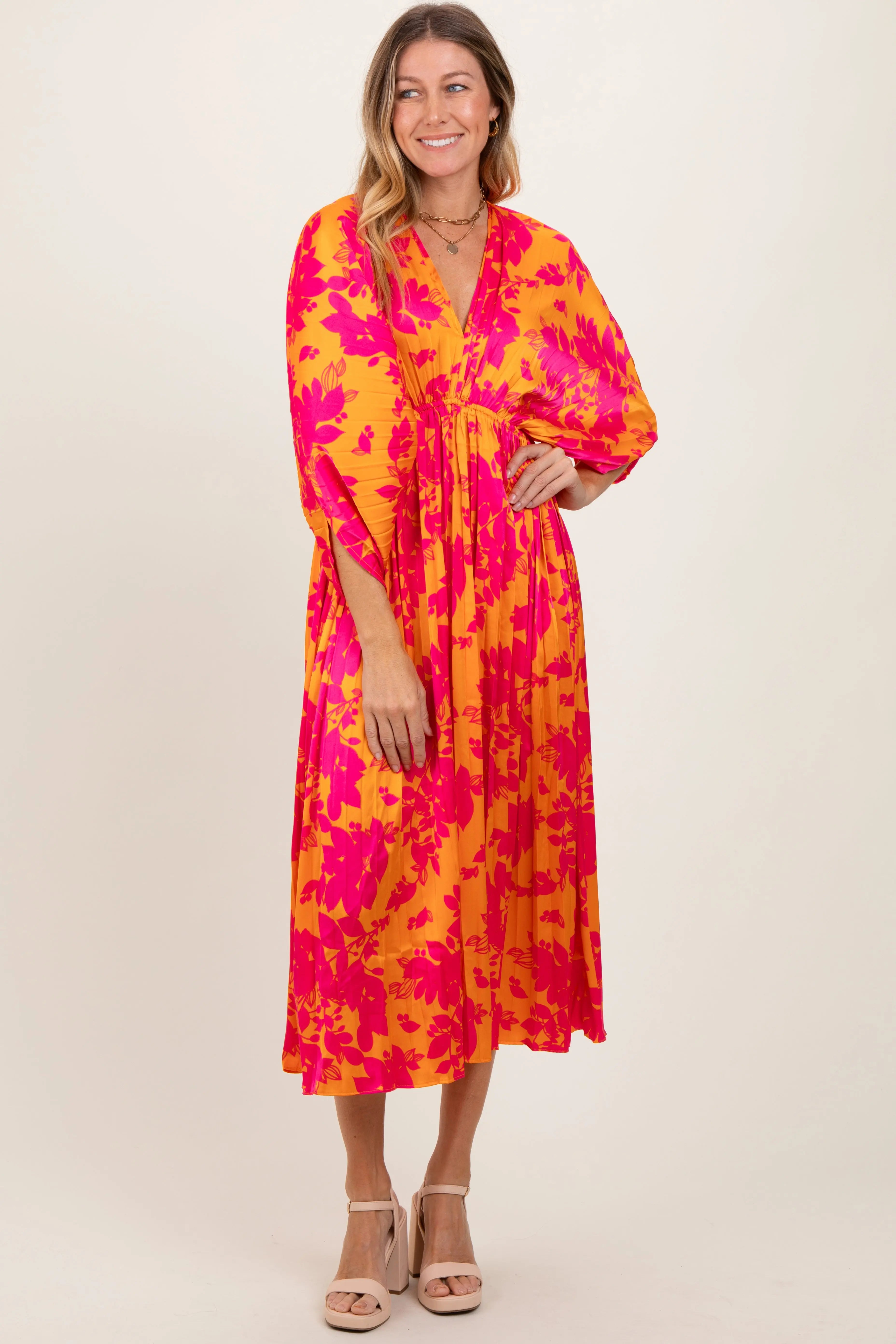 Orange Floral Satin Pleated V-Neck Maternity Maxi Dress PinkBlush