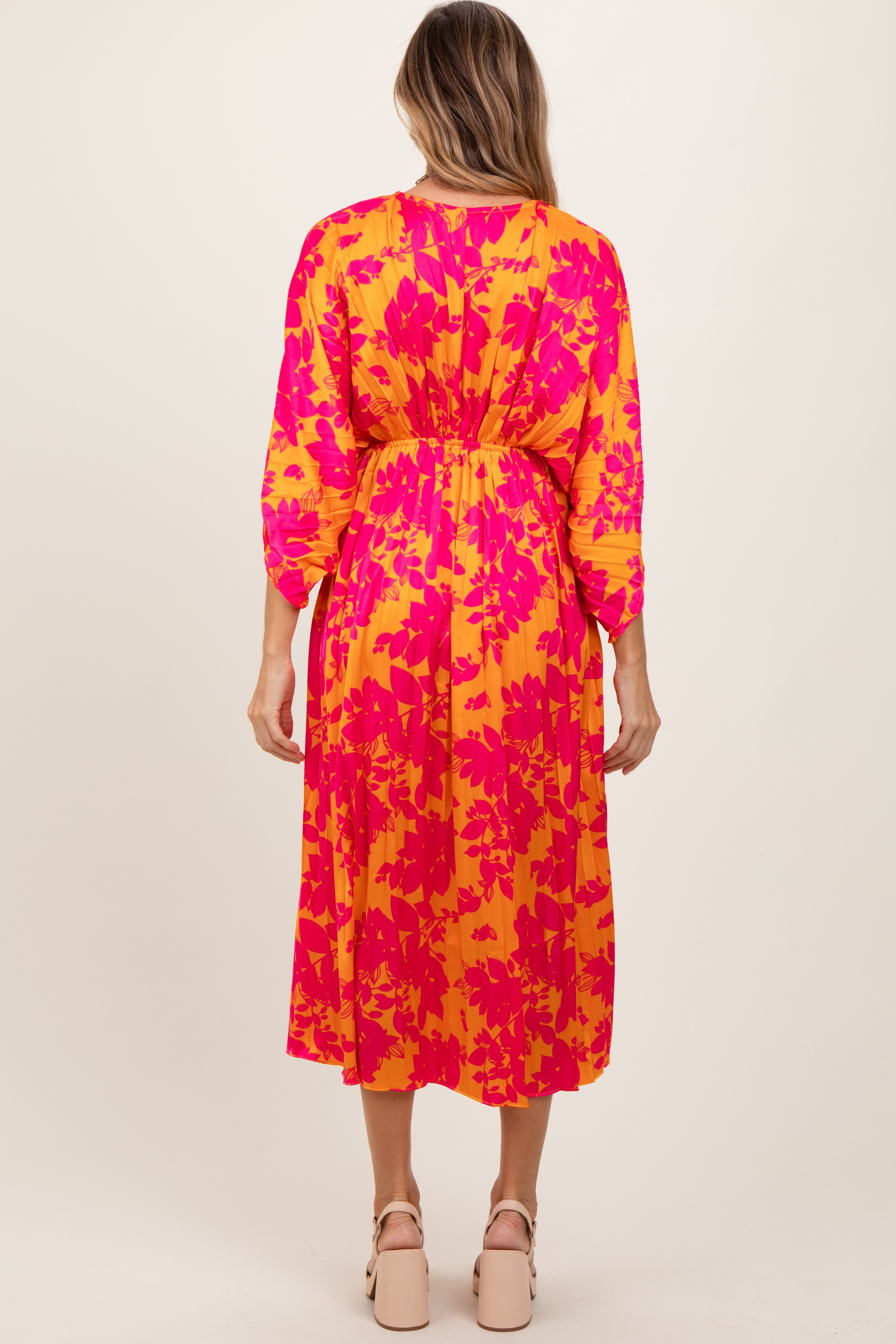 Orange Floral Satin Pleated V-Neck Maxi Dress PinkBlush