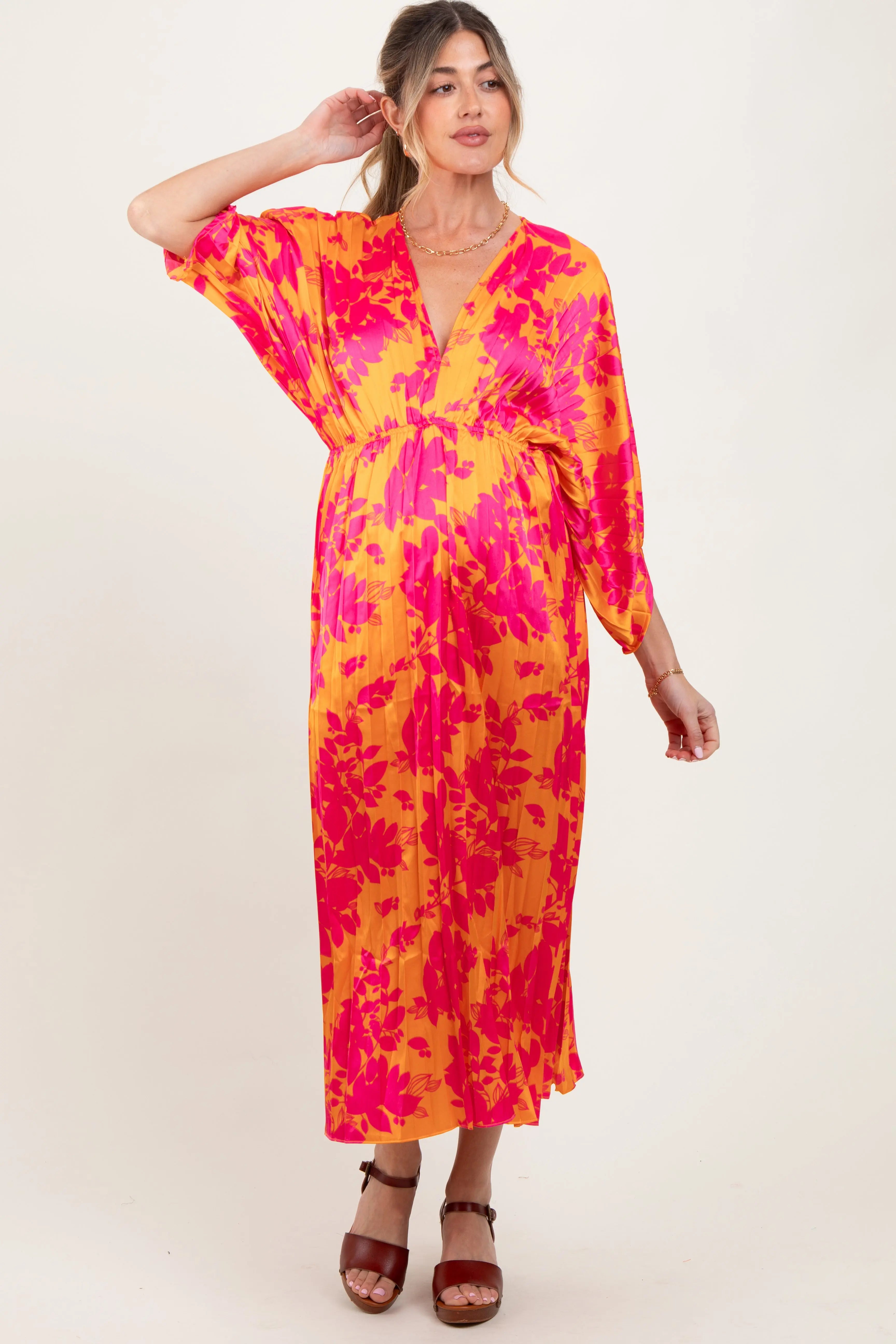 Orange Floral Satin Pleated V-Neck Maternity Maxi Dress PinkBlush