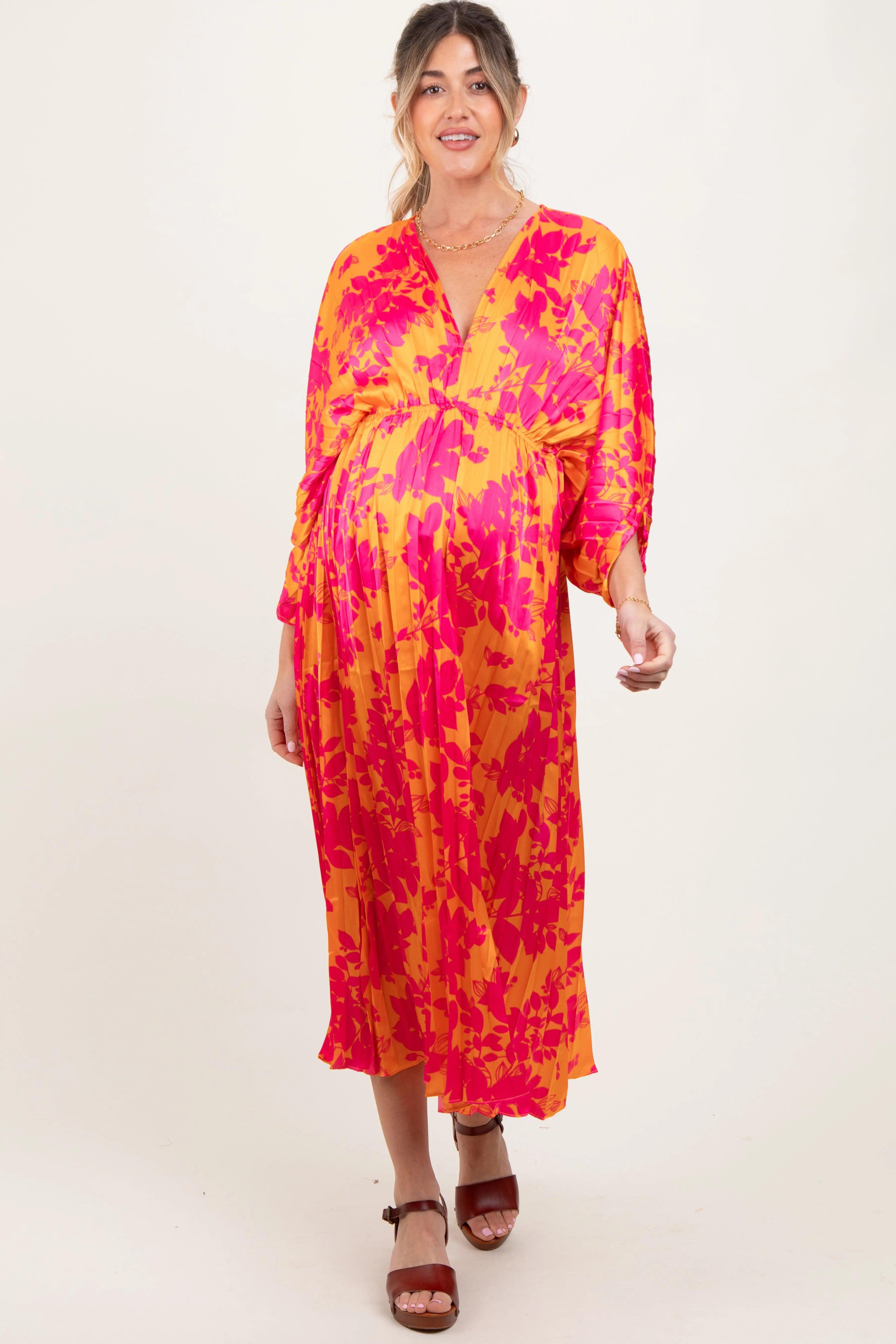 Orange Floral Satin Pleated V-Neck Maternity Maxi Dress PinkBlush