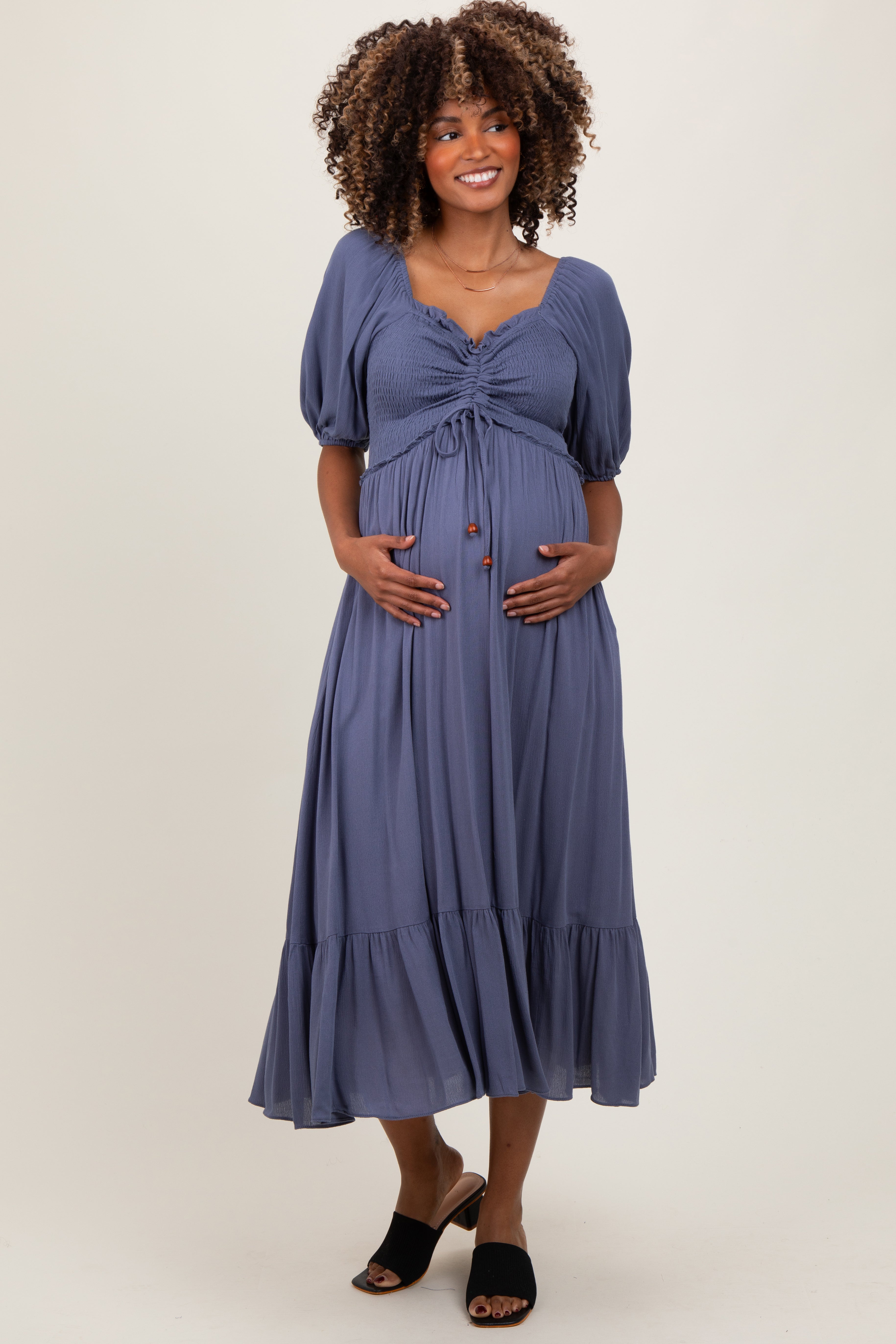 Blue Smocked Cinched Front Maternity Maxi Dress PinkBlush