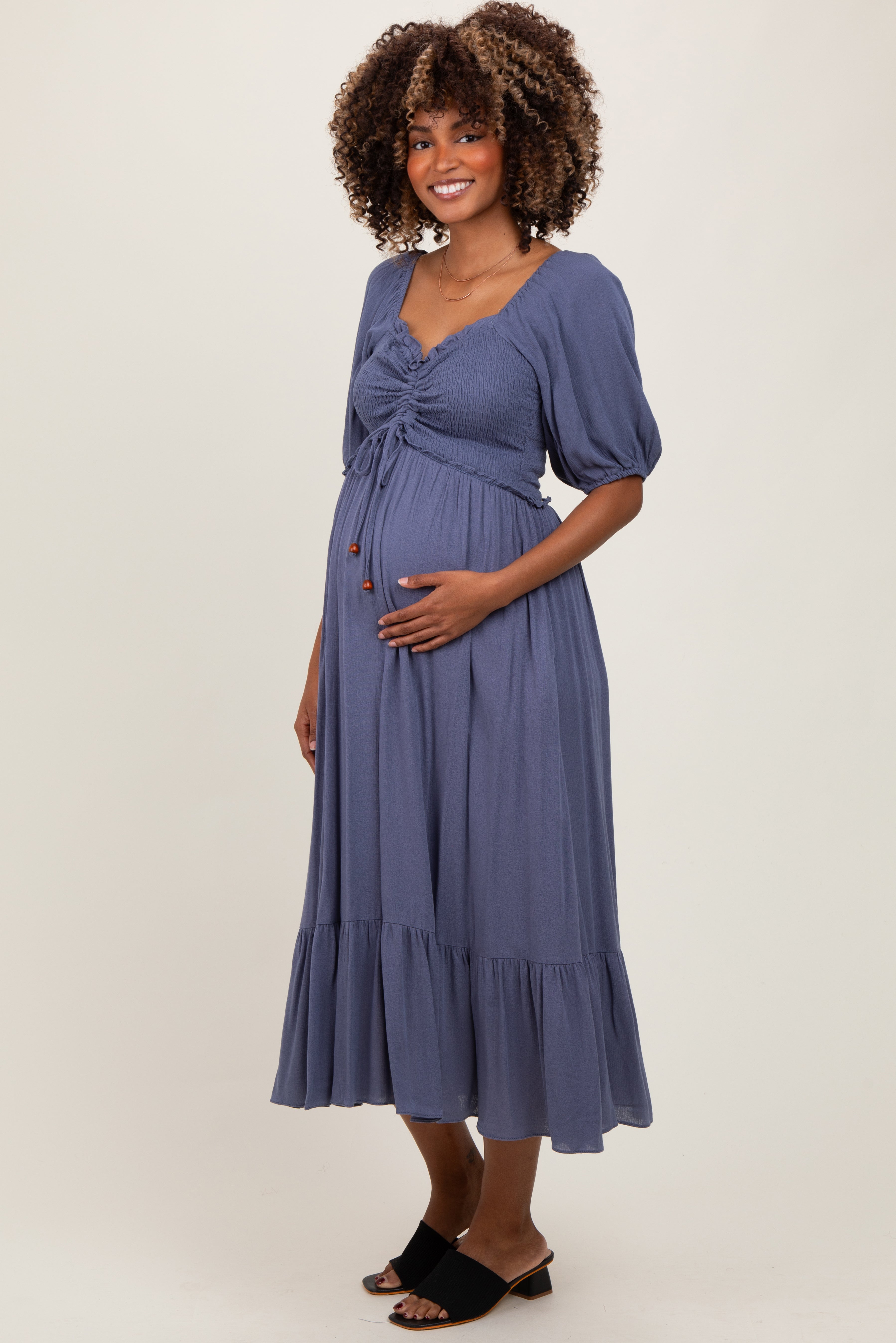 Blue Smocked Cinched Front Maternity Maxi Dress PinkBlush