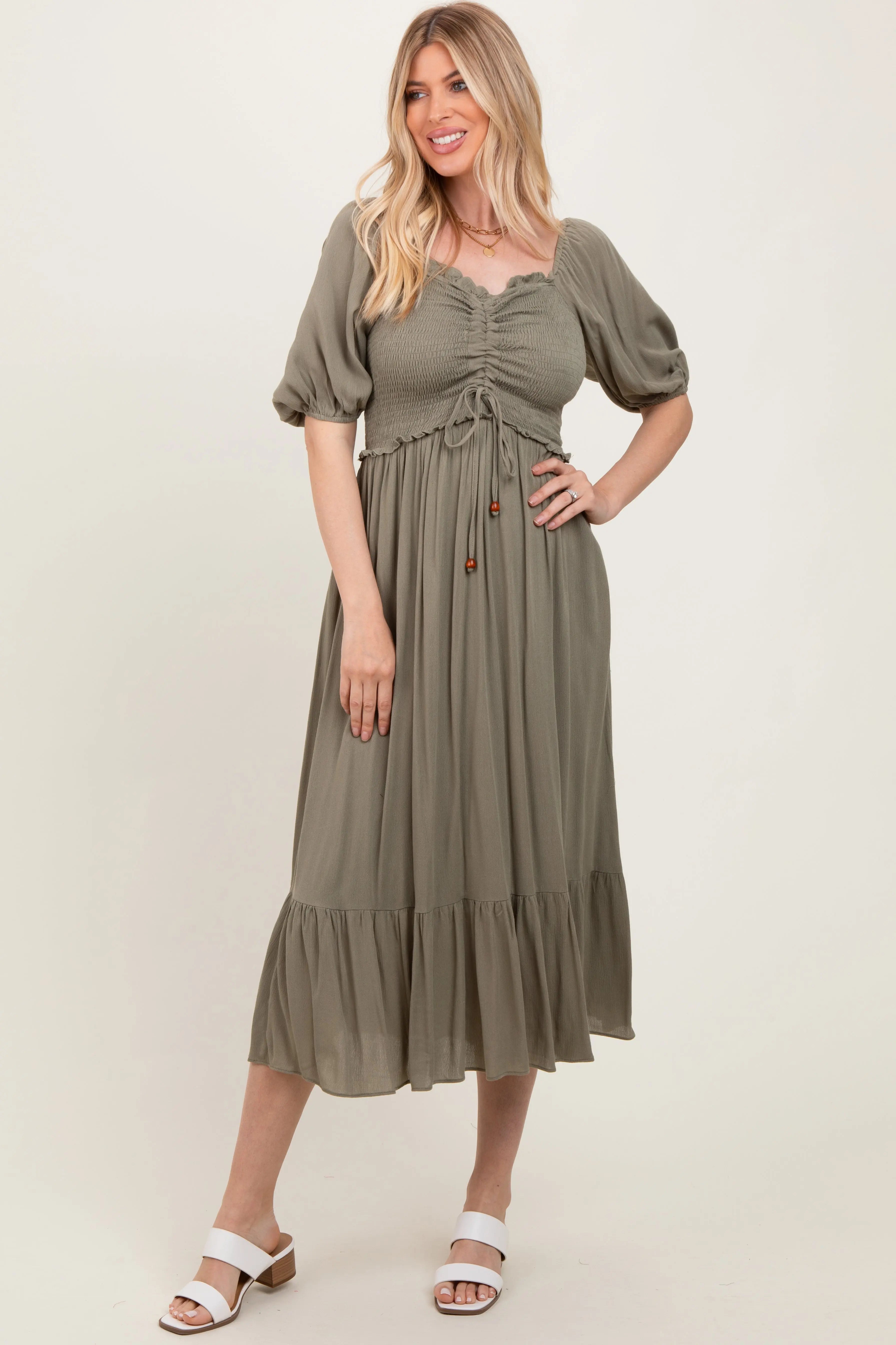 Olive Smocked Cinched Front Maxi Dress PinkBlush
