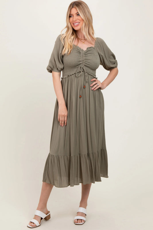 Olive Smocked Cinched Front Maxi Dress PinkBlush