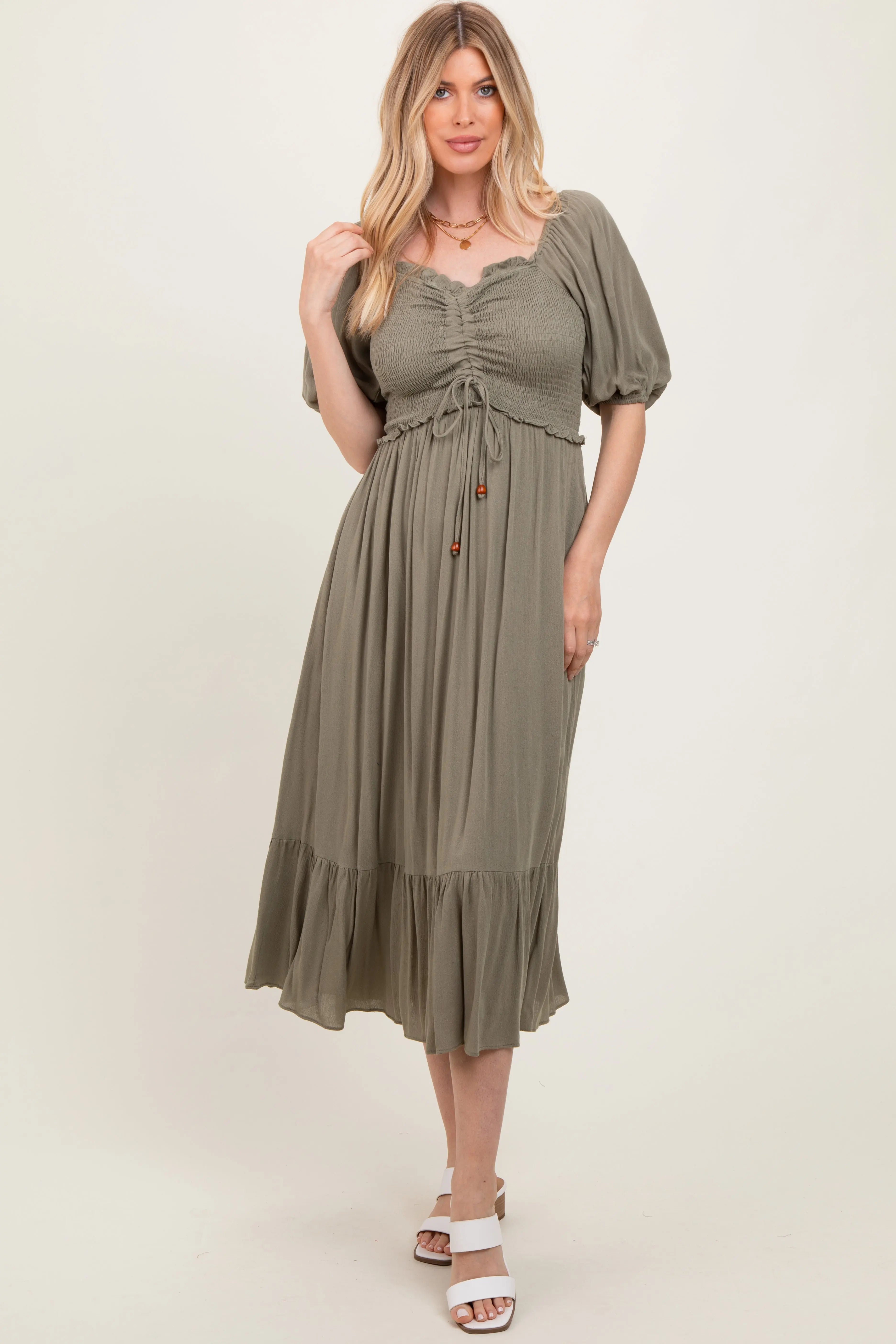 Olive Smocked Cinched Front Maxi Dress PinkBlush