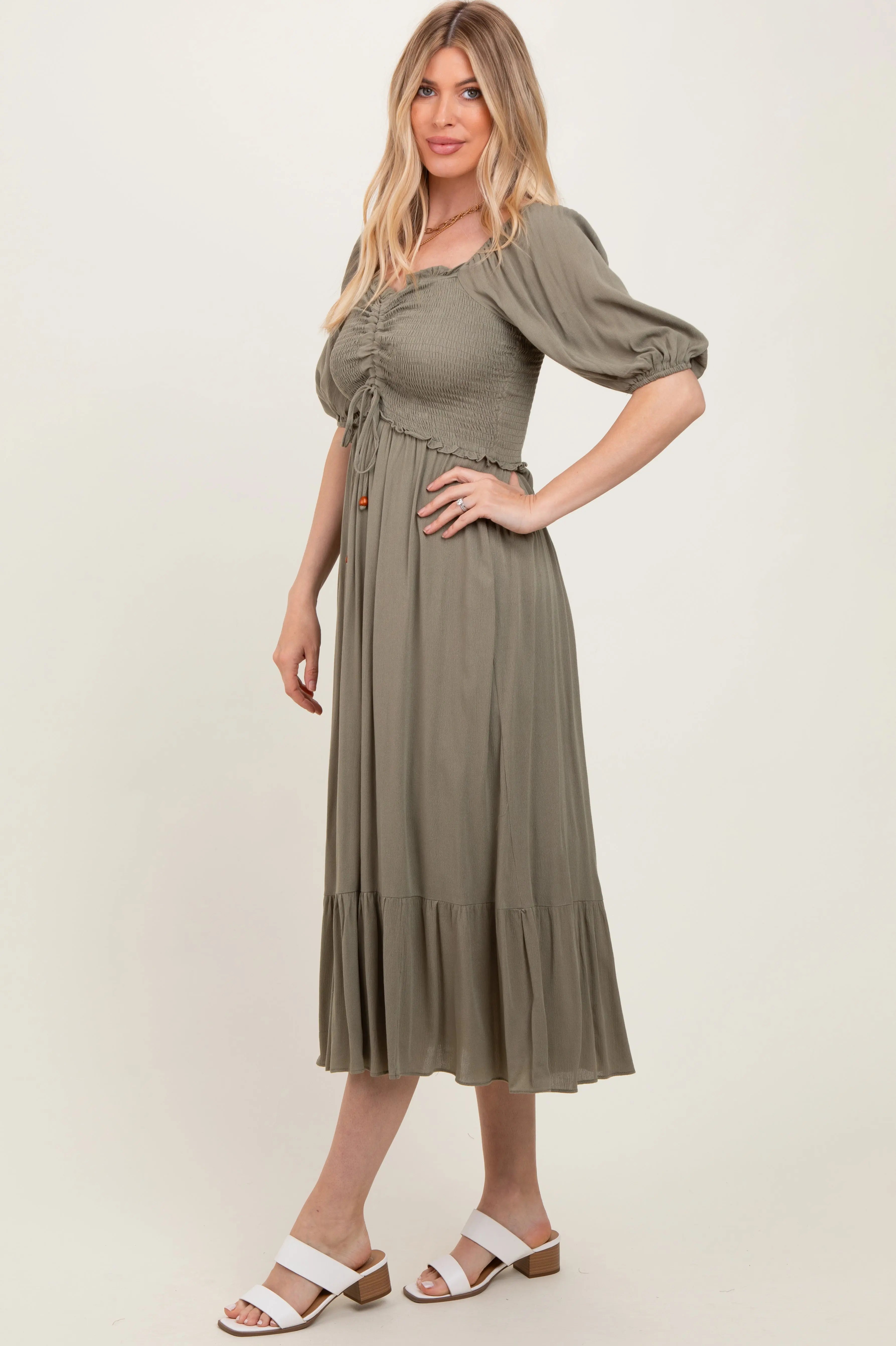 Olive Smocked Cinched Front Maxi Dress PinkBlush