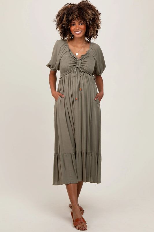 Olive Smocked Cinched Front Maternity Maxi Dress PinkBlush