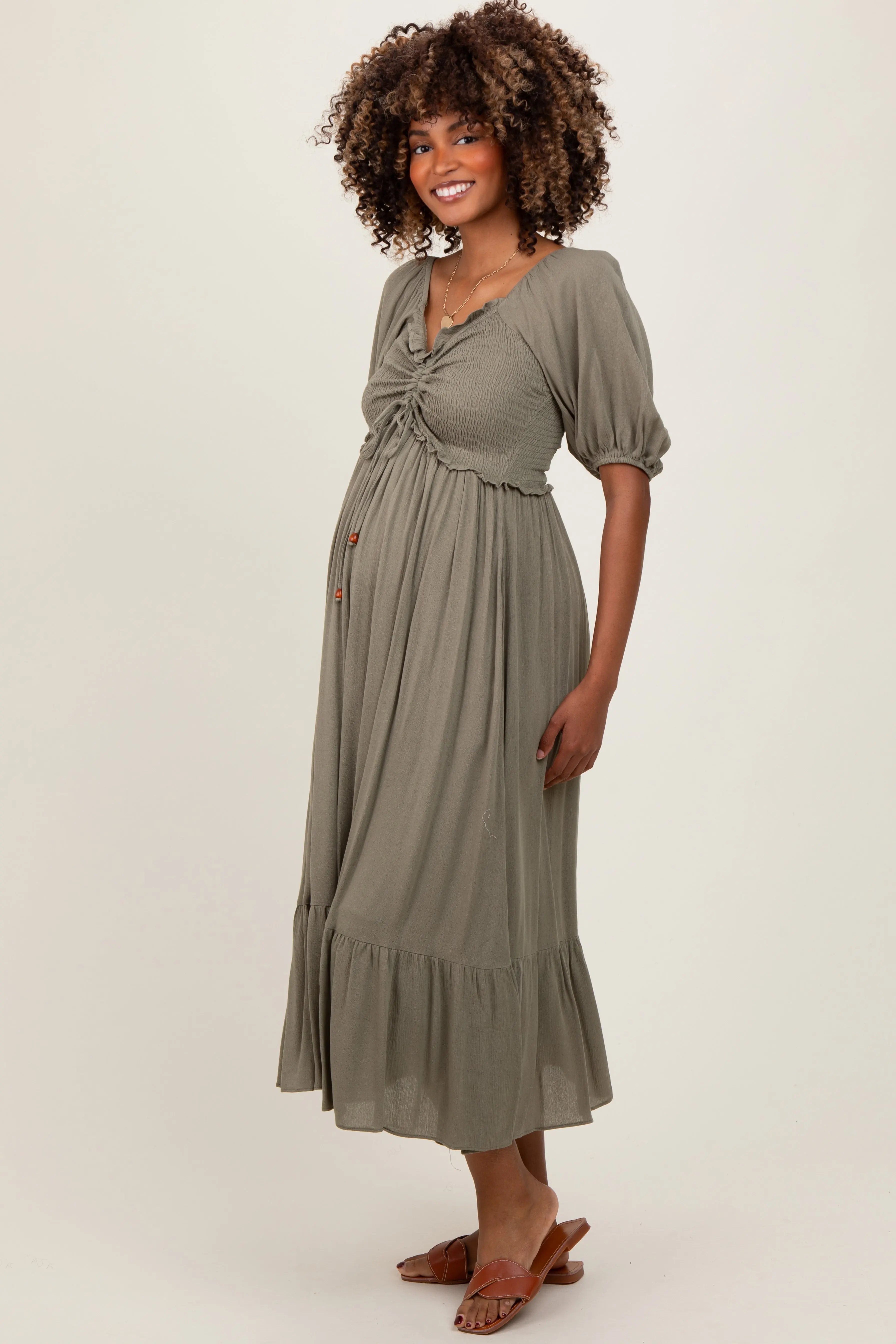 Olive Smocked Cinched Front Maternity Maxi Dress PinkBlush