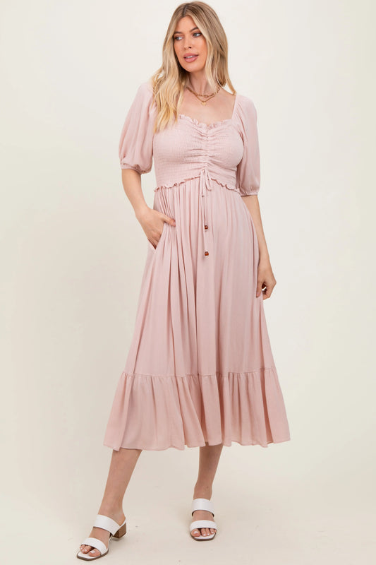 Light Pink Smocked Cinched Front Maxi Dress PinkBlush
