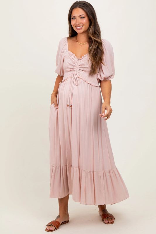 Light Pink Smocked Cinched Front Maternity Maxi Dress PinkBlush