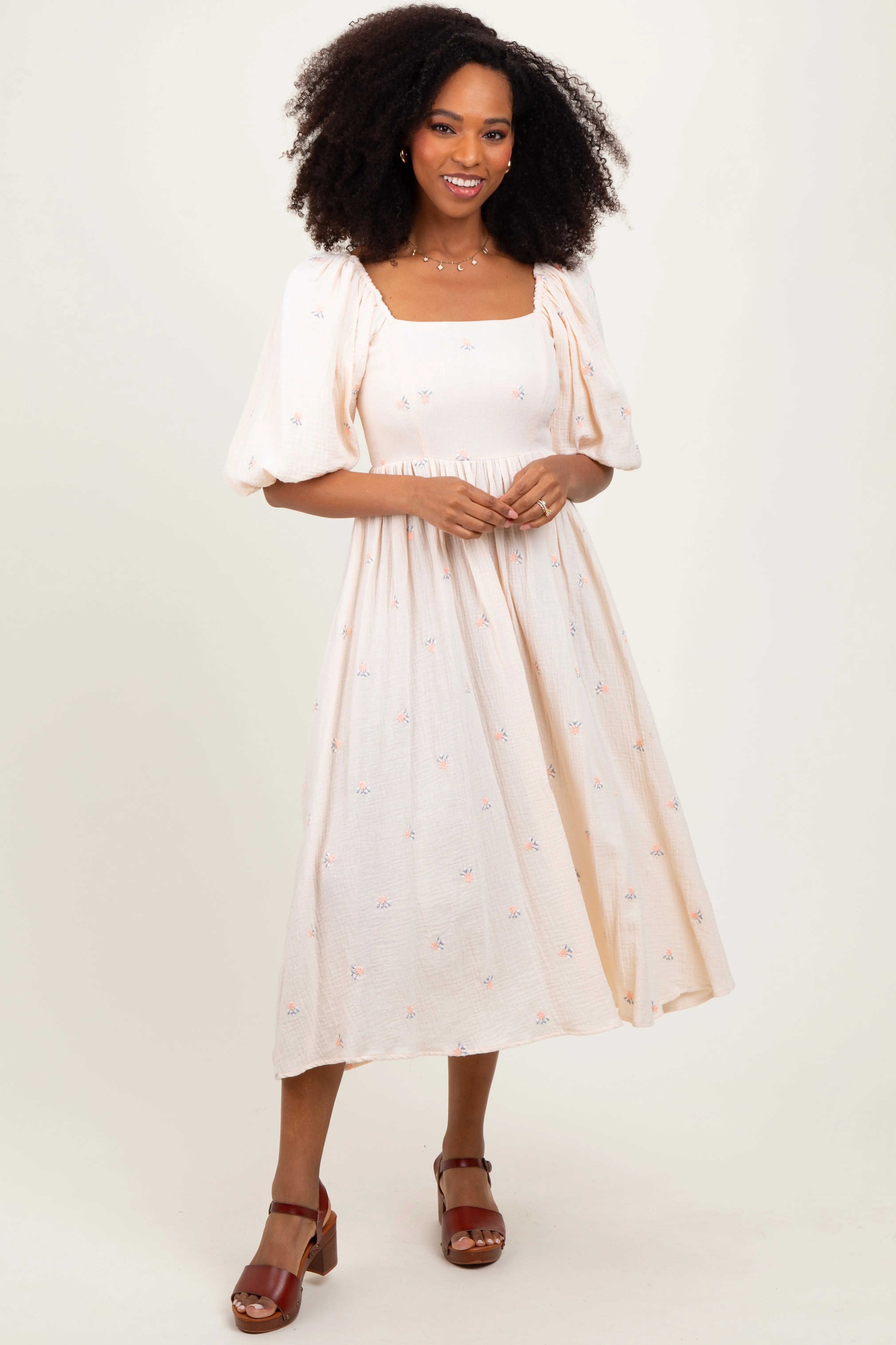 Cream Floral Maternity Midi Dress PinkBlush