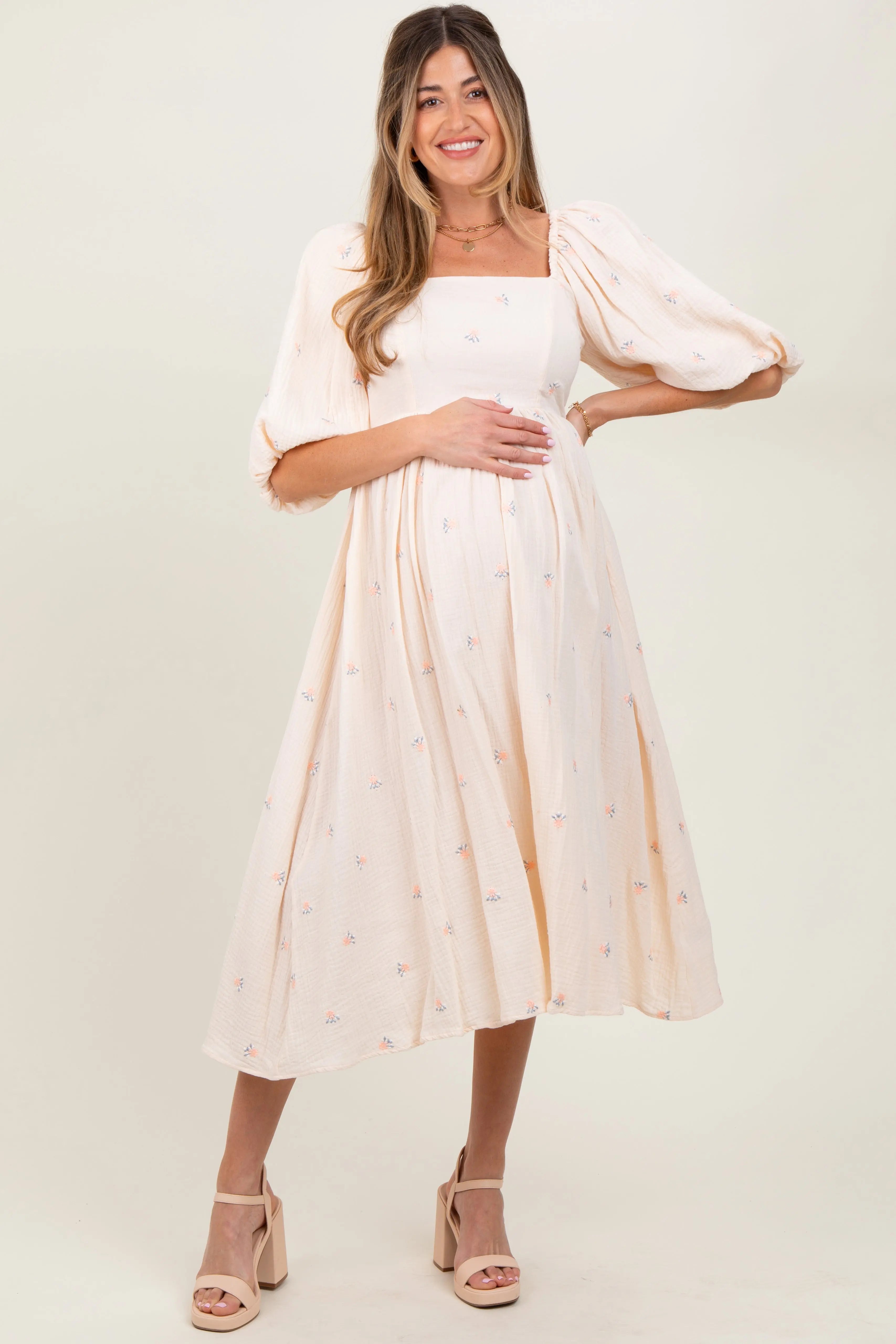 Cream Floral Maternity Midi Dress PinkBlush